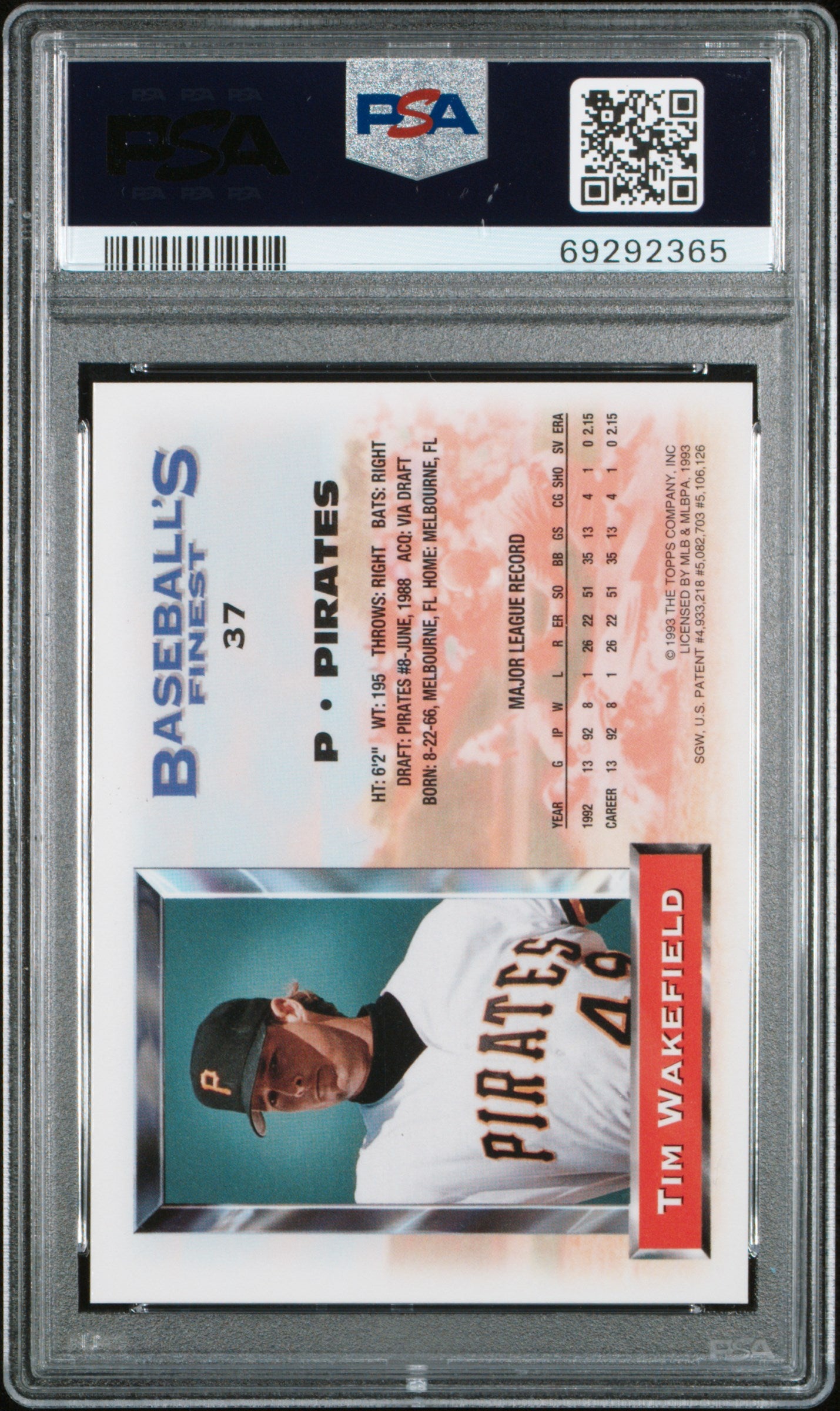 Tim Wakefield 1993 Topps Finest Refractor #37 PSA 8 Nm-Mint