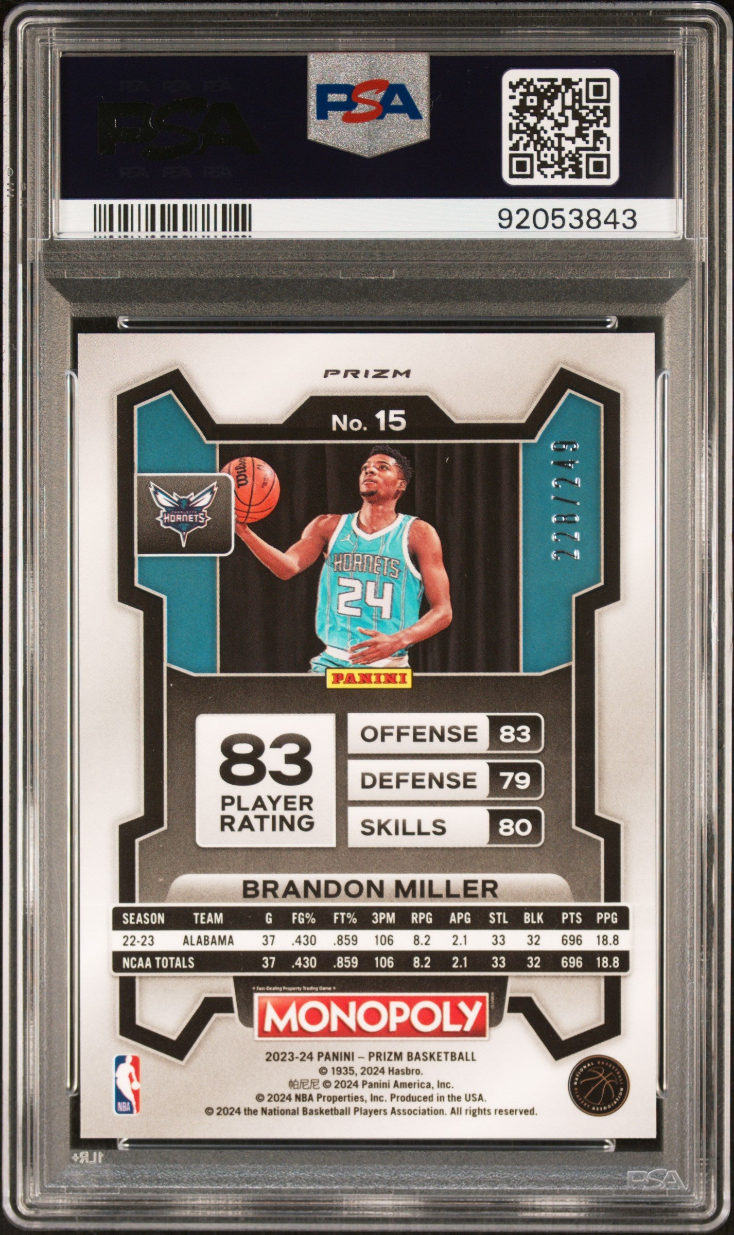Brandon Miller 2023 Prizm Monopoly Brown #228/249 PSA 10 Gem Mint