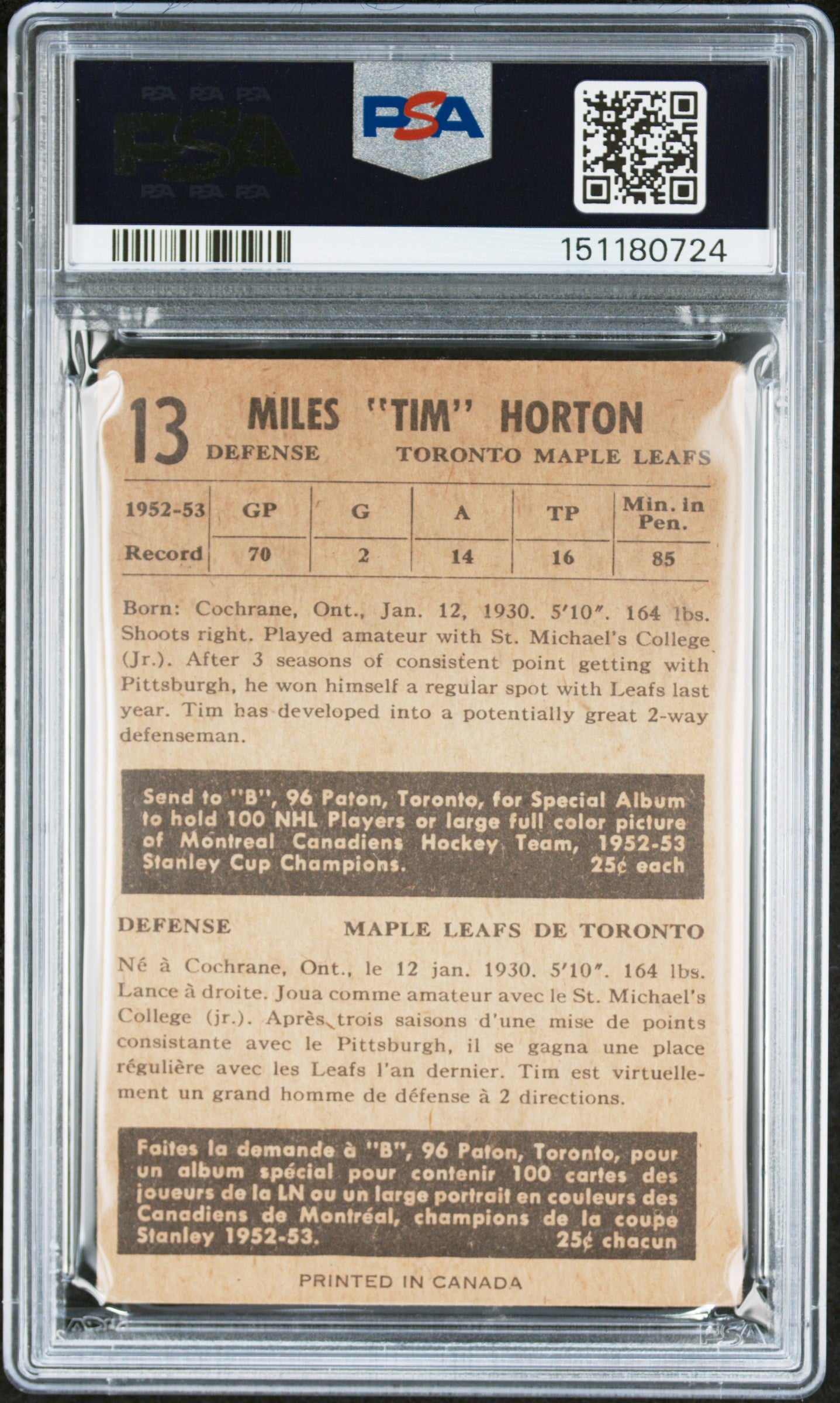 Tim Horton 1953 Parkhurst #13 PSA 2 Good