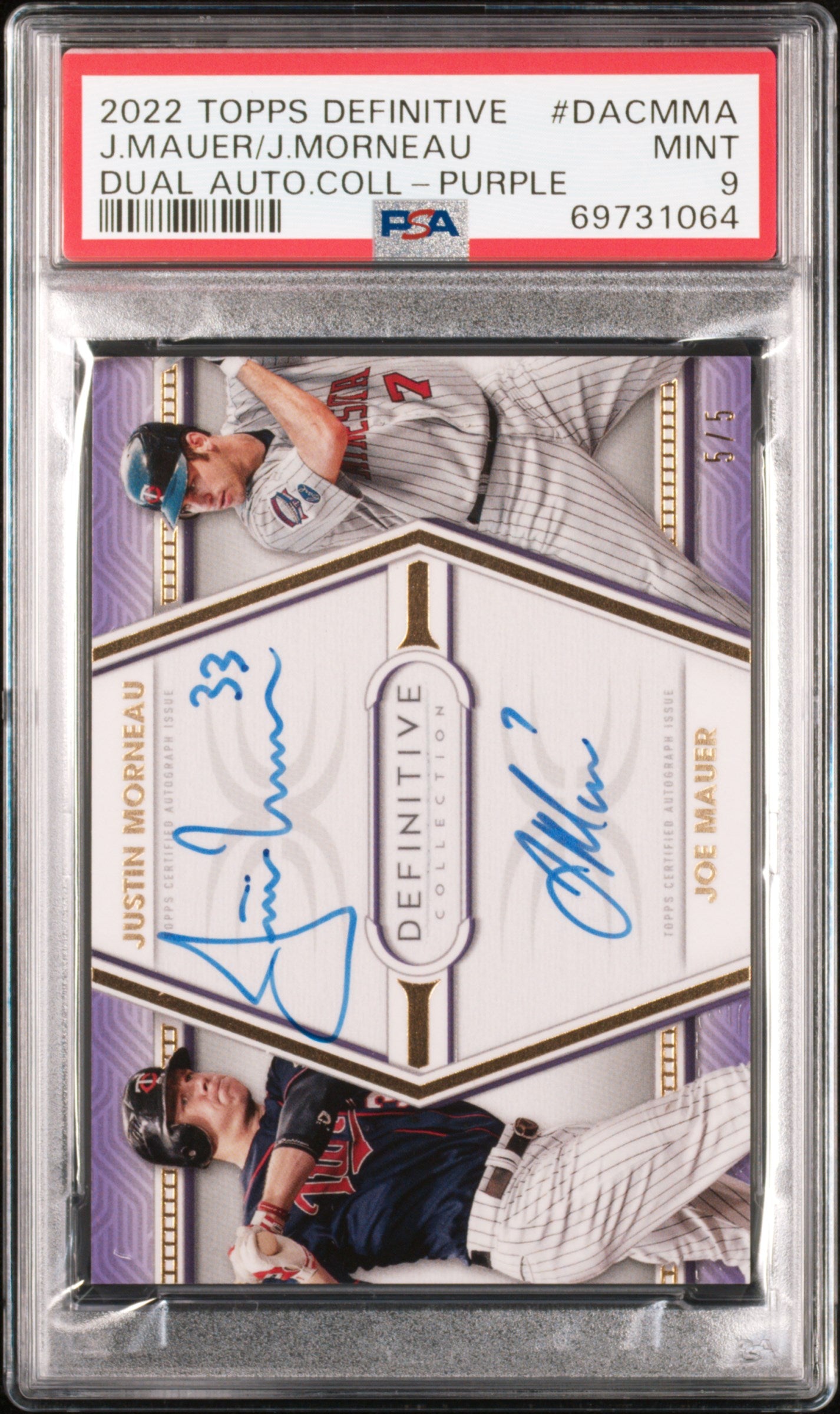 Joe Mauer/Justin Morneau 2022 Topps Definitive Dual Auto Purple #5/5 PSA 9 Mint