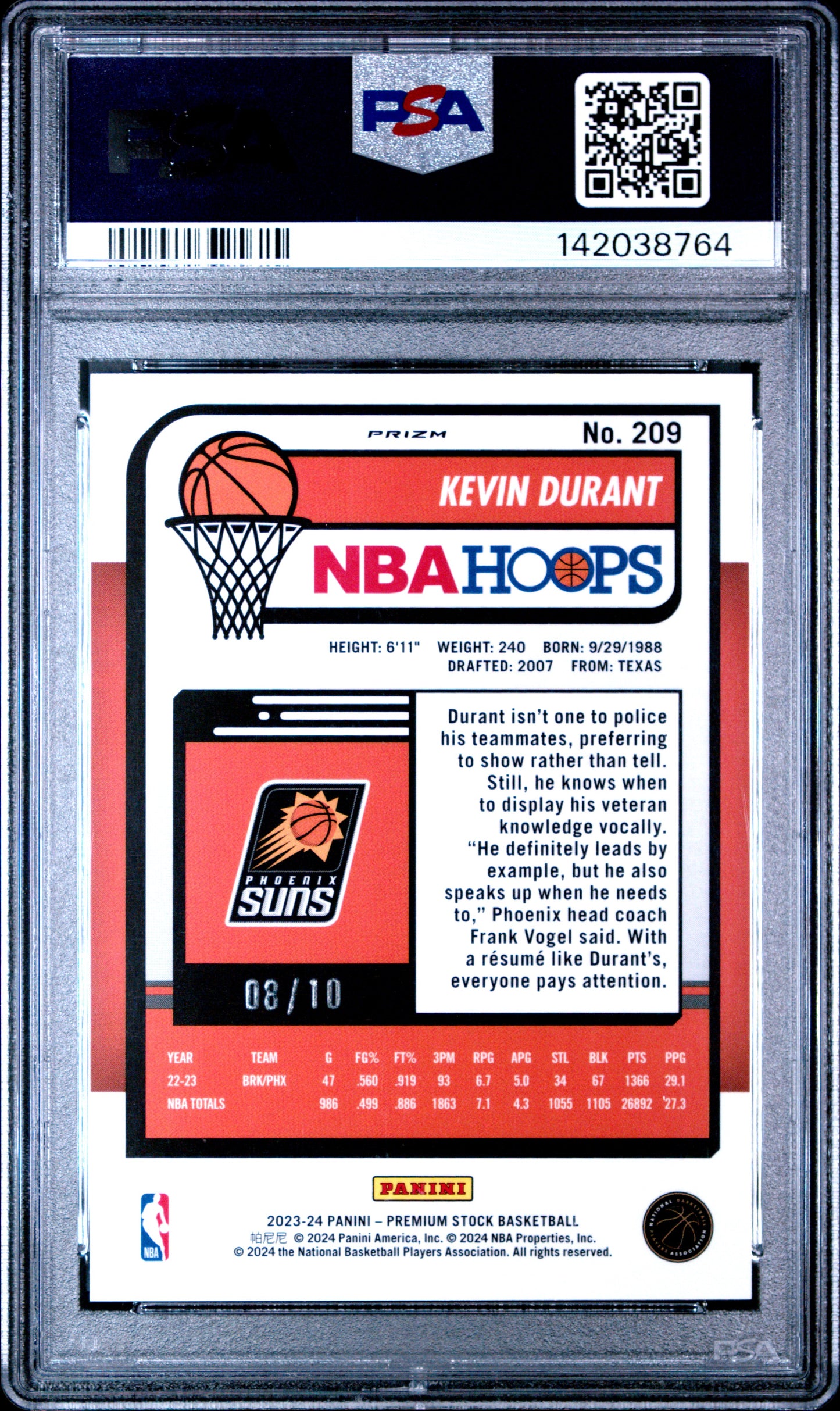 Kevin Durant 2023 Hoops Premium Stock #209 Gold Pulsar #8/10 PSA 10 Gem Mint