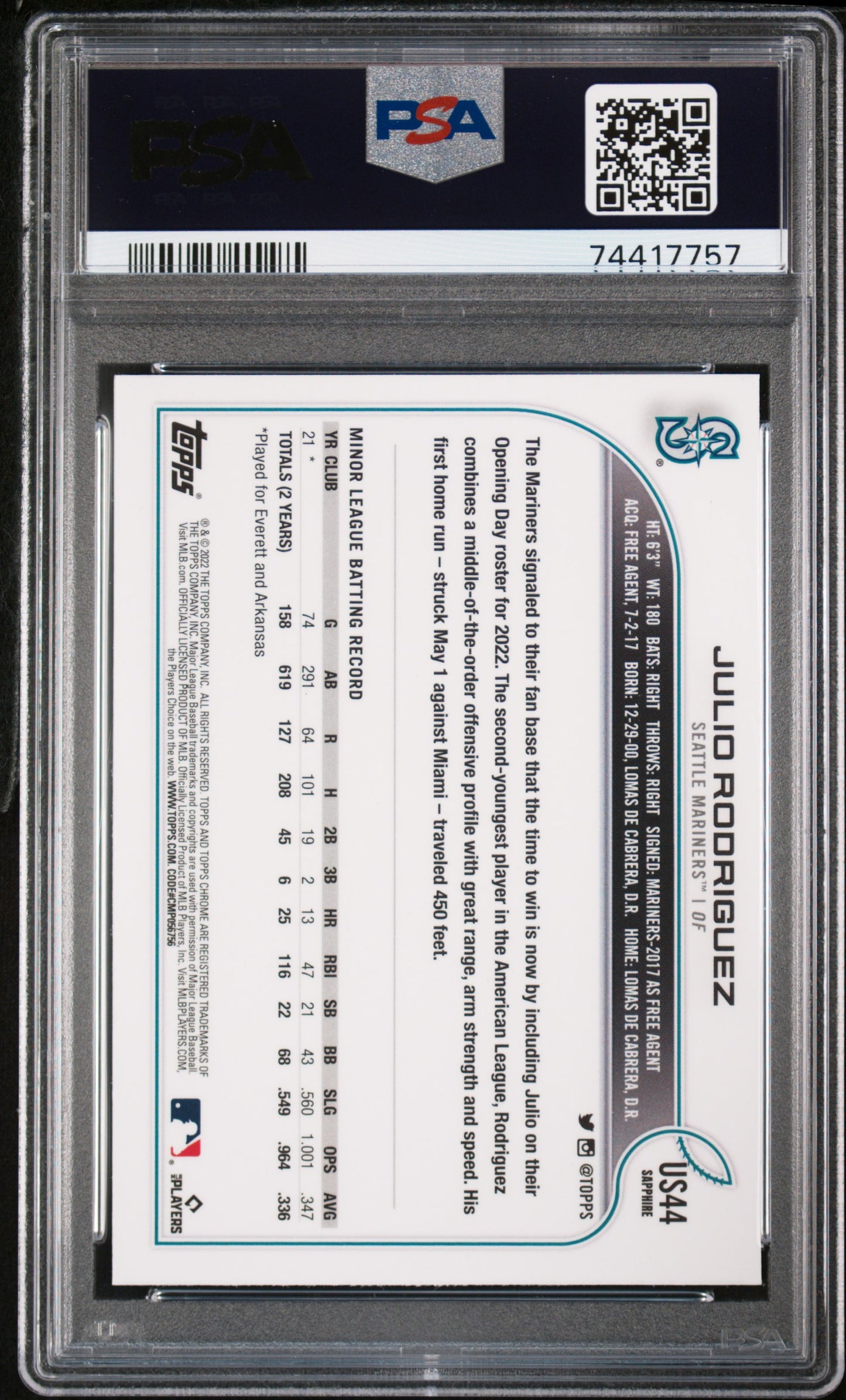 Julio Rodriguez 2022 Topps Chrome Update Sapphire Rookie #44 PSA 10 Gem Mint