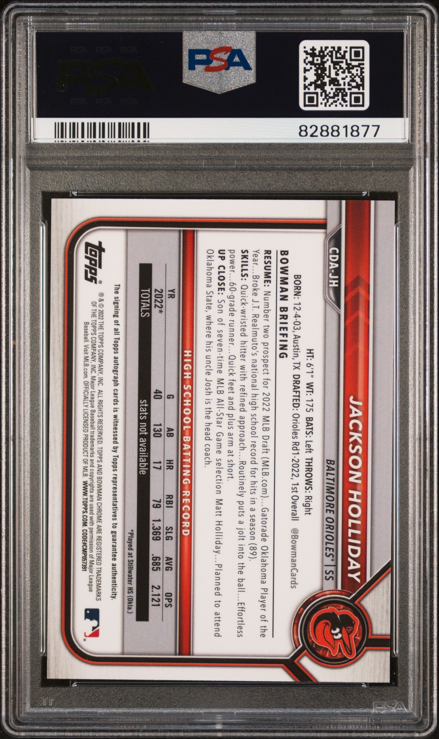 Brett Baty 2019 Bowman Chrome Draft Blue Refractor Auto #104/150 PSA 10 Auto 10