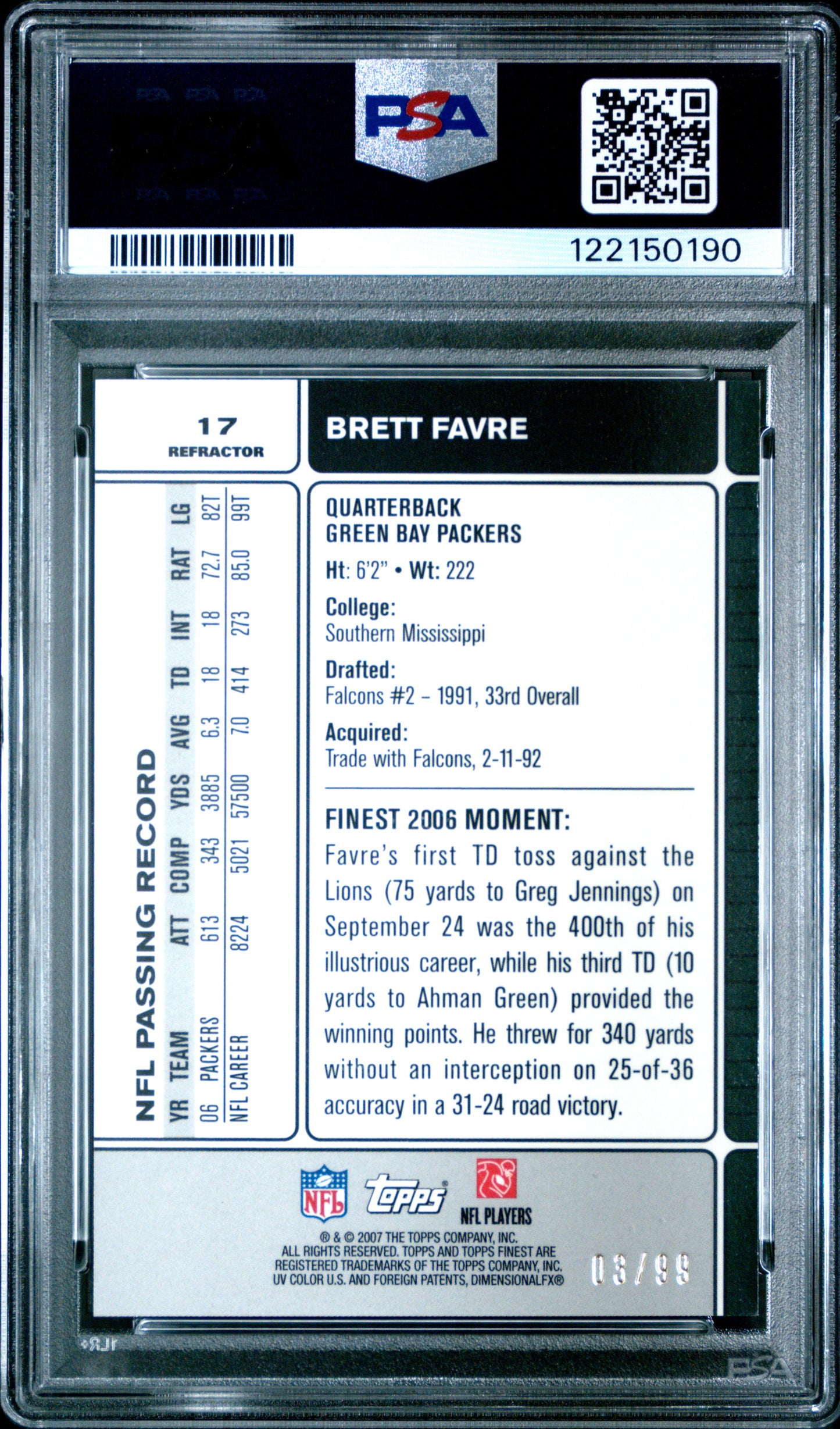 Brett Favre 2007 Topps Finest #17 Black Refractor #3/99 PSA 10 Gem Mint