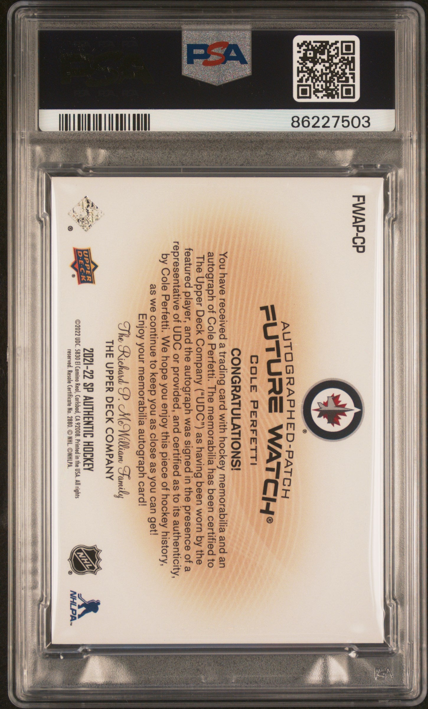 Cole Perfetti 2021 Upper Deck SP Authentic Future Patch Auto #97/100 PSA 8 Auto 10