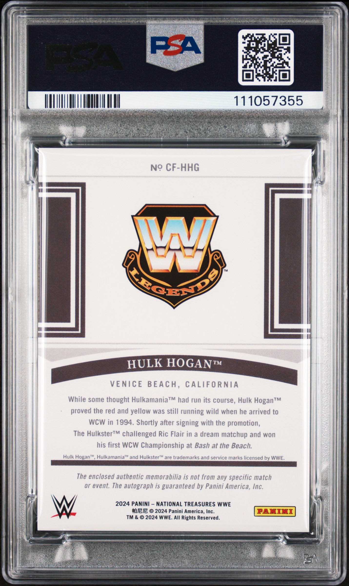 Hulk Hogan 2024 Panini National Treasures WWE Clutch Factor Material Auto #48/99 PSA 8 Nm-Mint