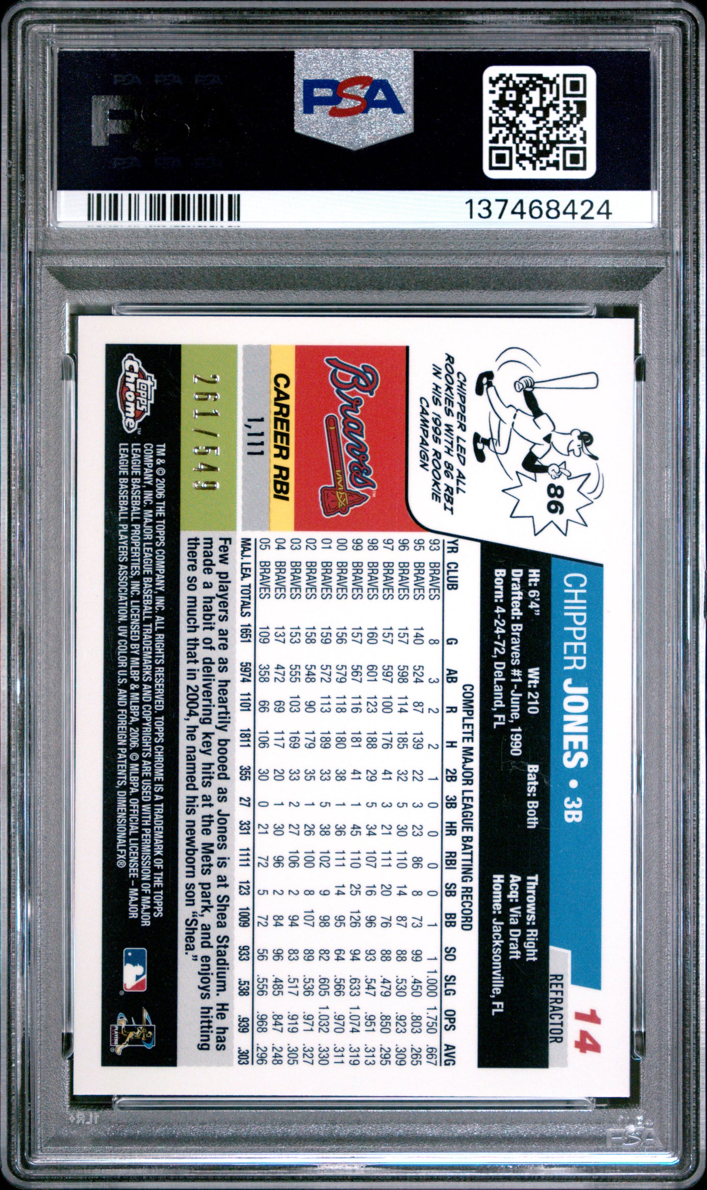 Chipper Jones 2006 Topps Chrome #14 Black Refractor #261/549 PSA 9 Mint