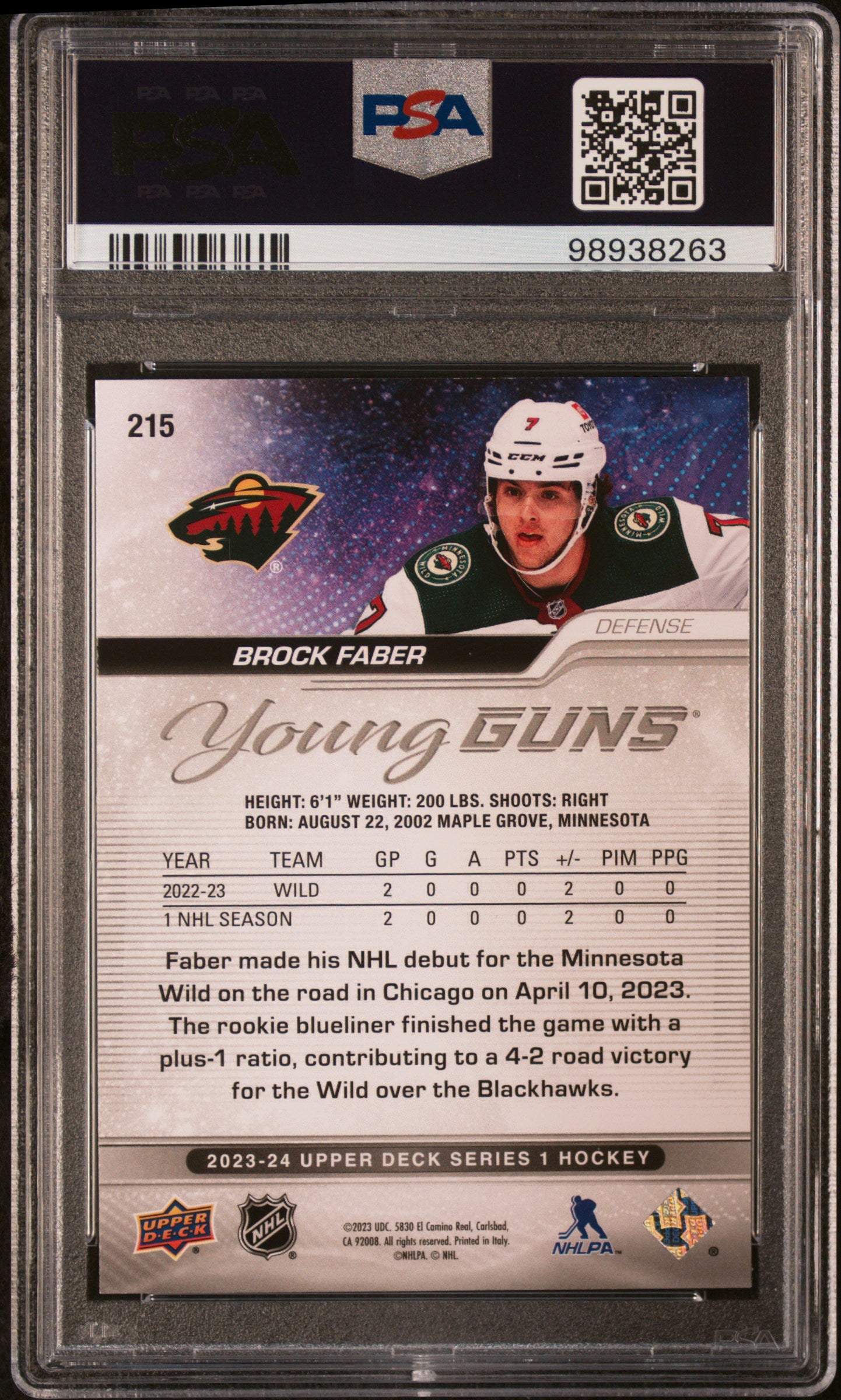 Brock Faber 2023 Upper Deck Rookie #215 Silver Foil PSA 10 Gem Mint 8263
