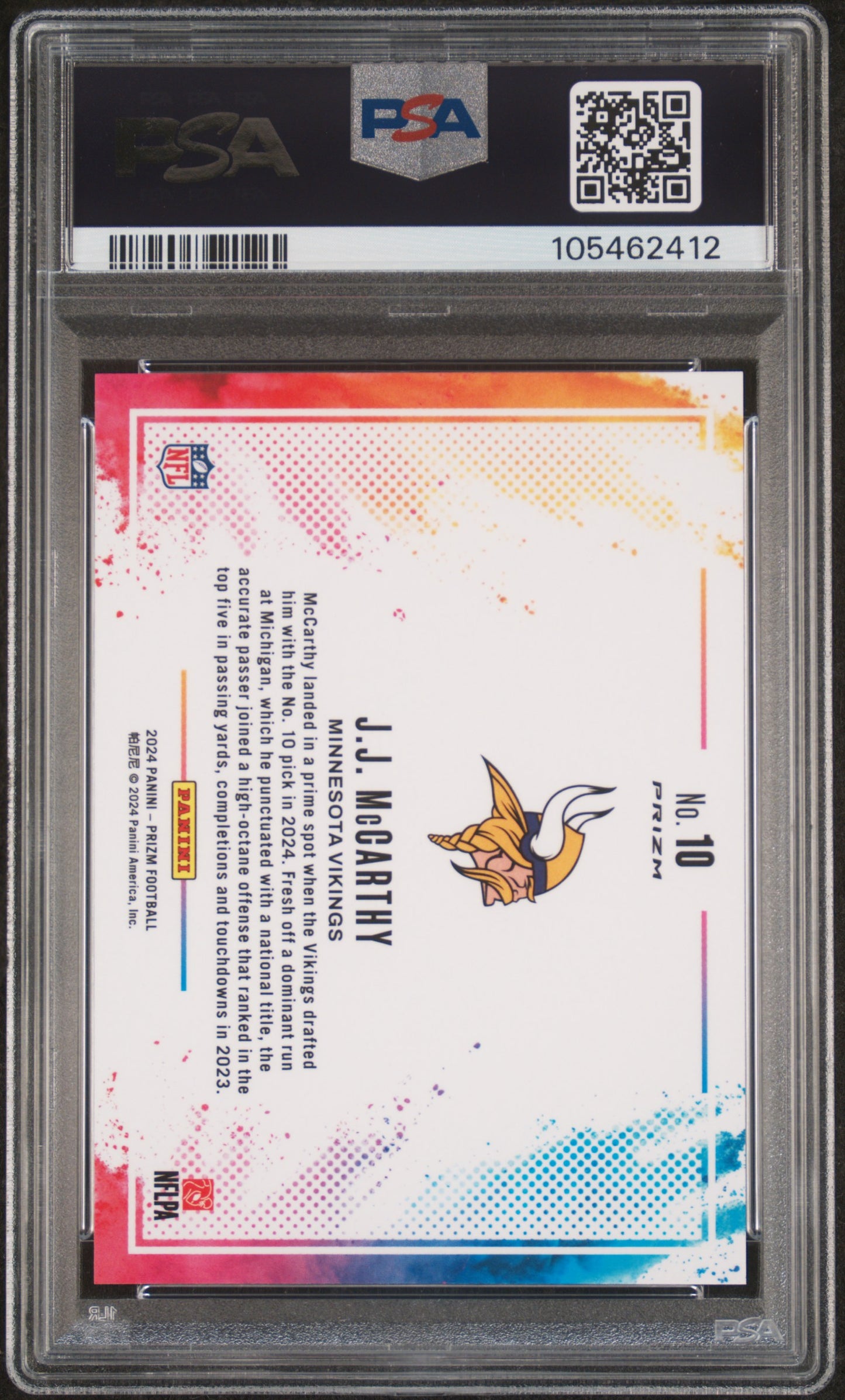JJ McCarthy 2024 Panini Prizm Color Blast PSA 10 Gem Mint