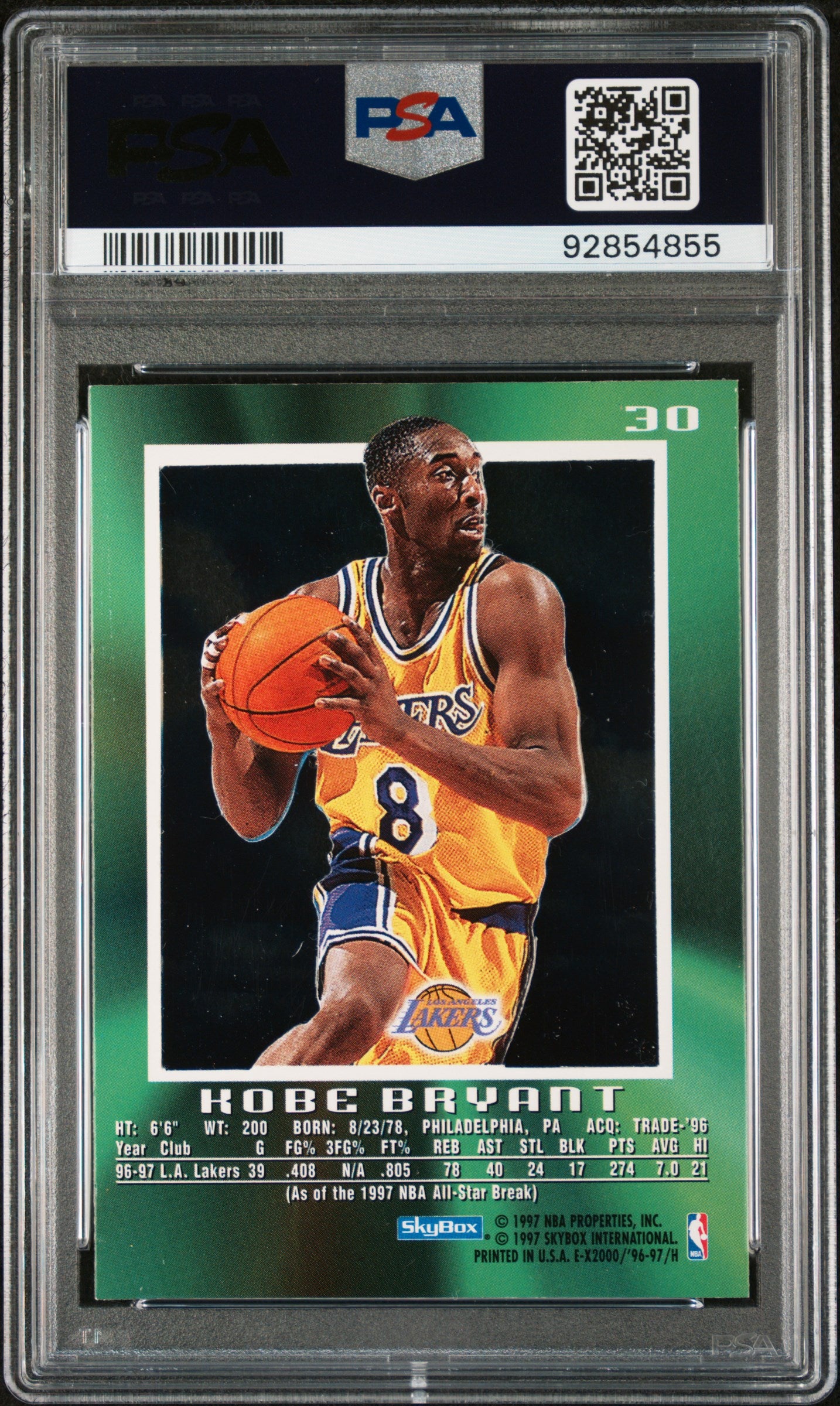Kobe Bryant 1996 Skybox E-X 2000 Rookie #30 PSA 6 Ex-Mint 4855