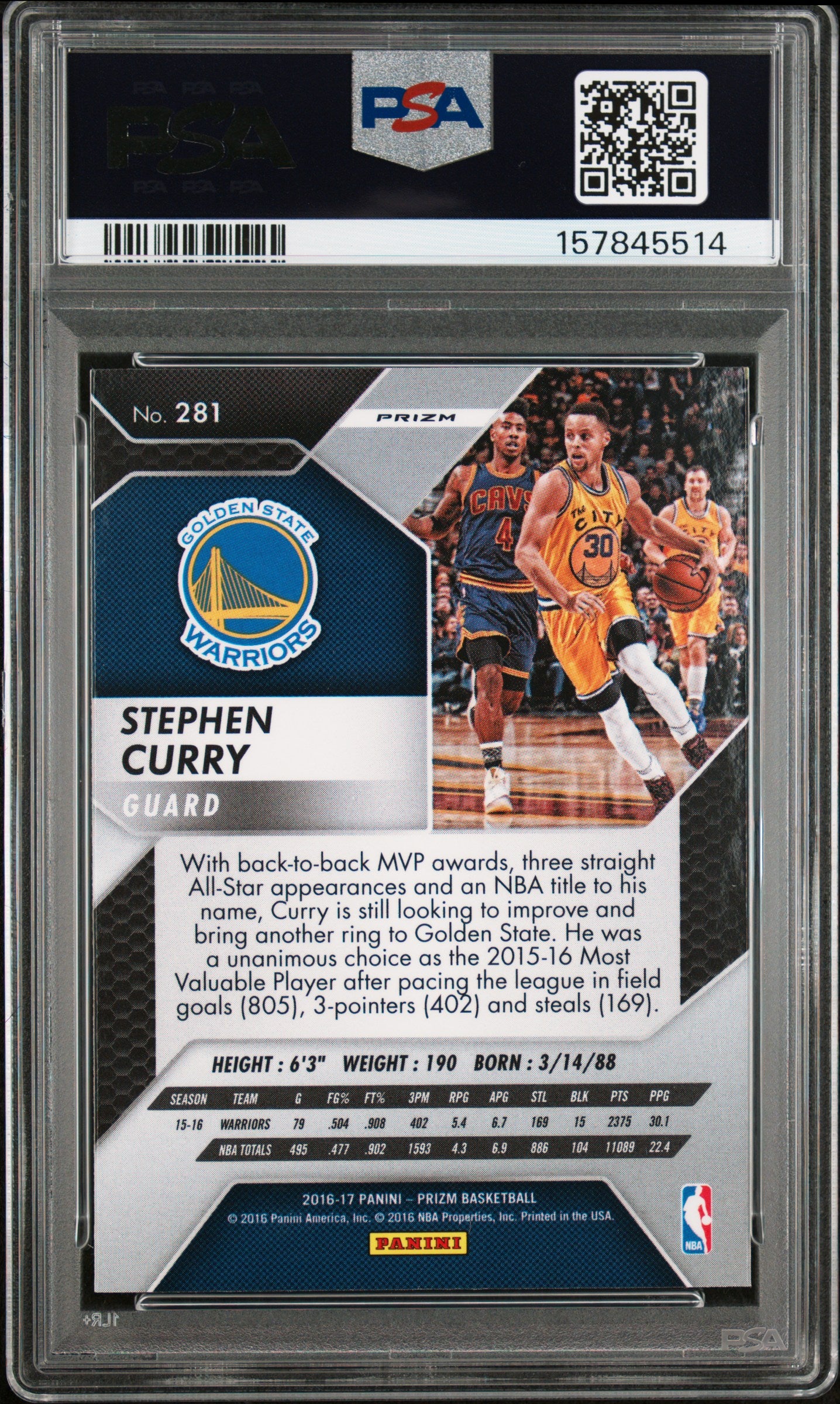 Stephen Curry 2016 Panini Prizm #281 Silver Prizm PSA 10 Gem Mint