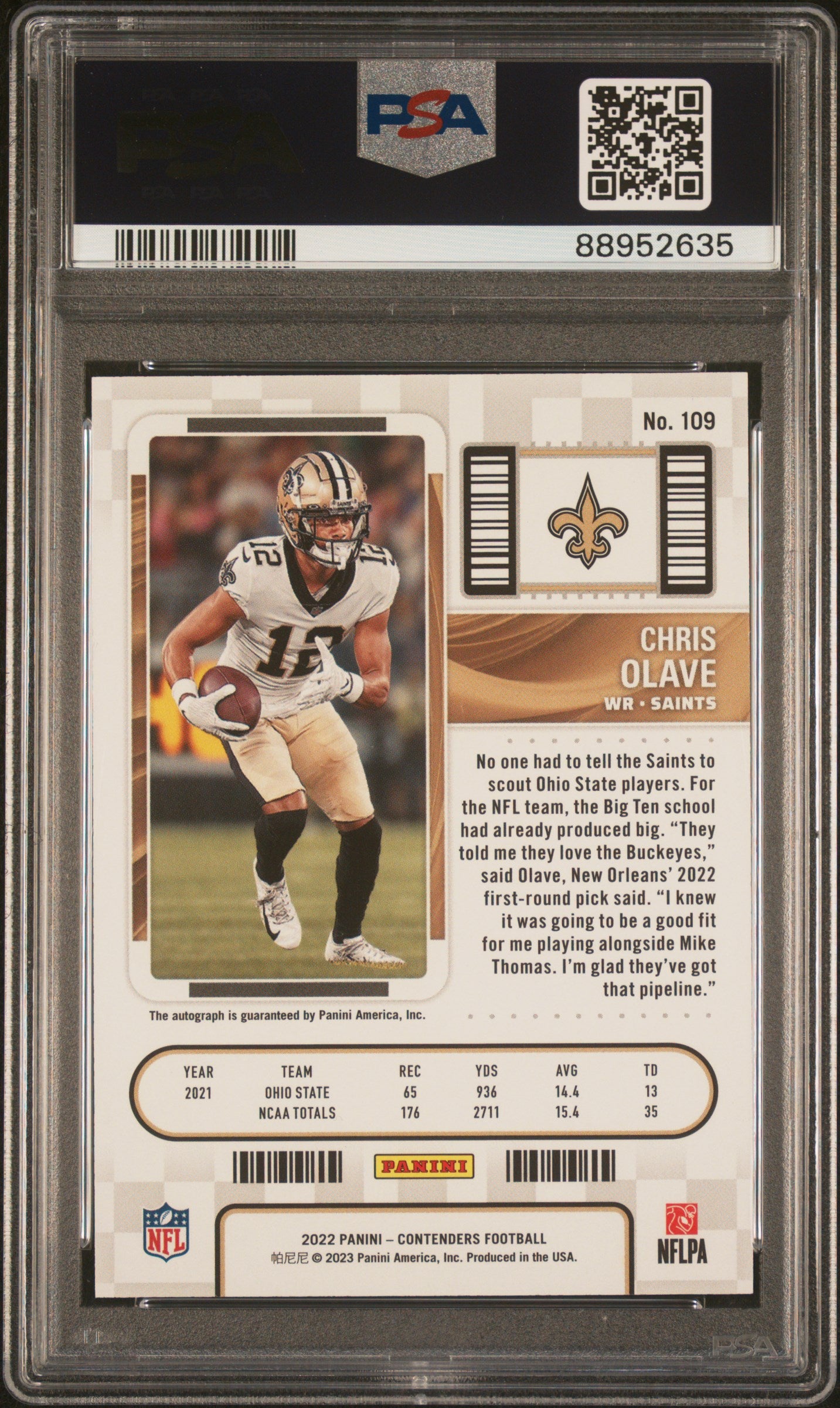 Chris Olave 2022 Panini Contenders Auto #109 PSA 10 Gem Mint