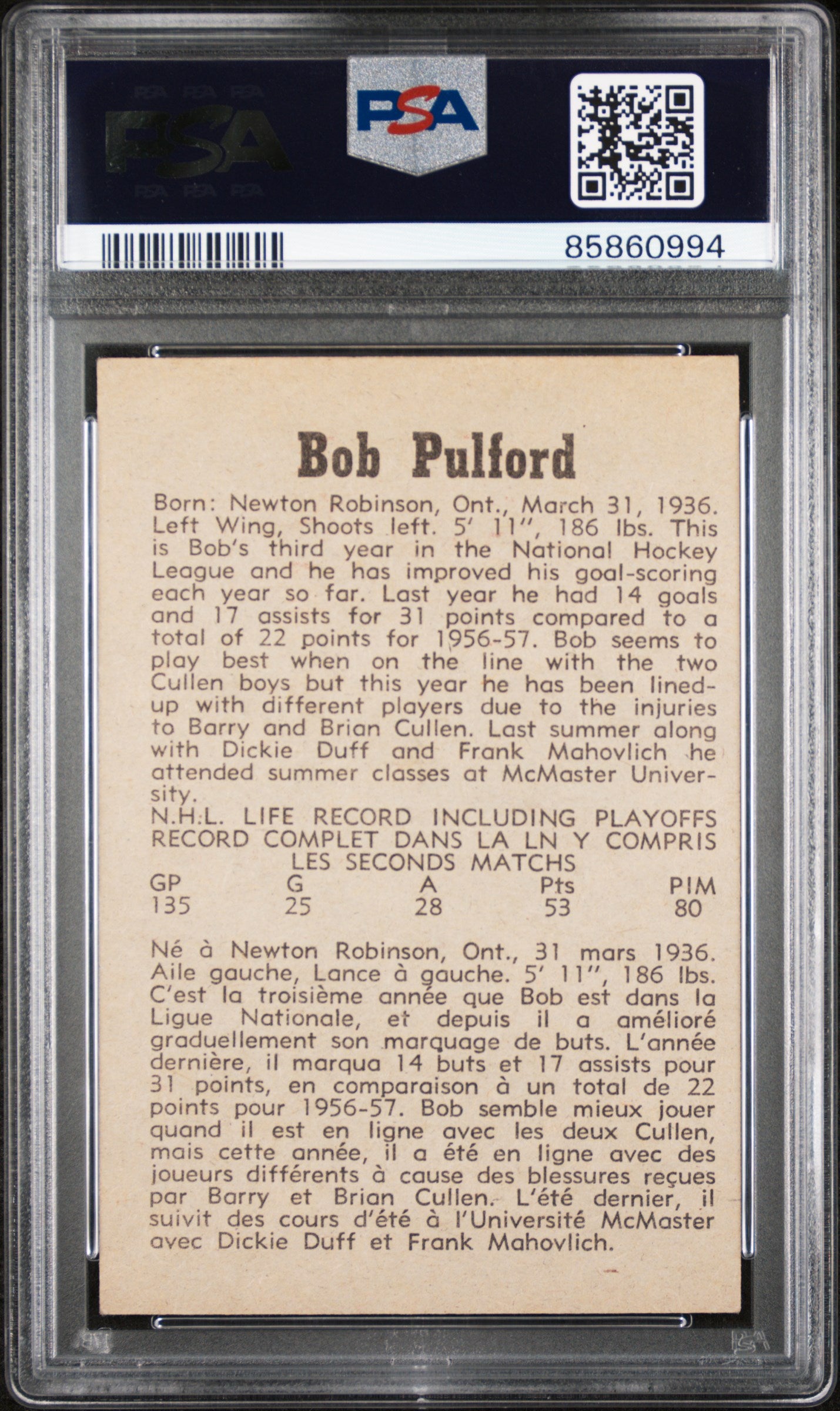 Bob Pulford 1958 Parkhurst #45 PSA 8 Nm-Mint