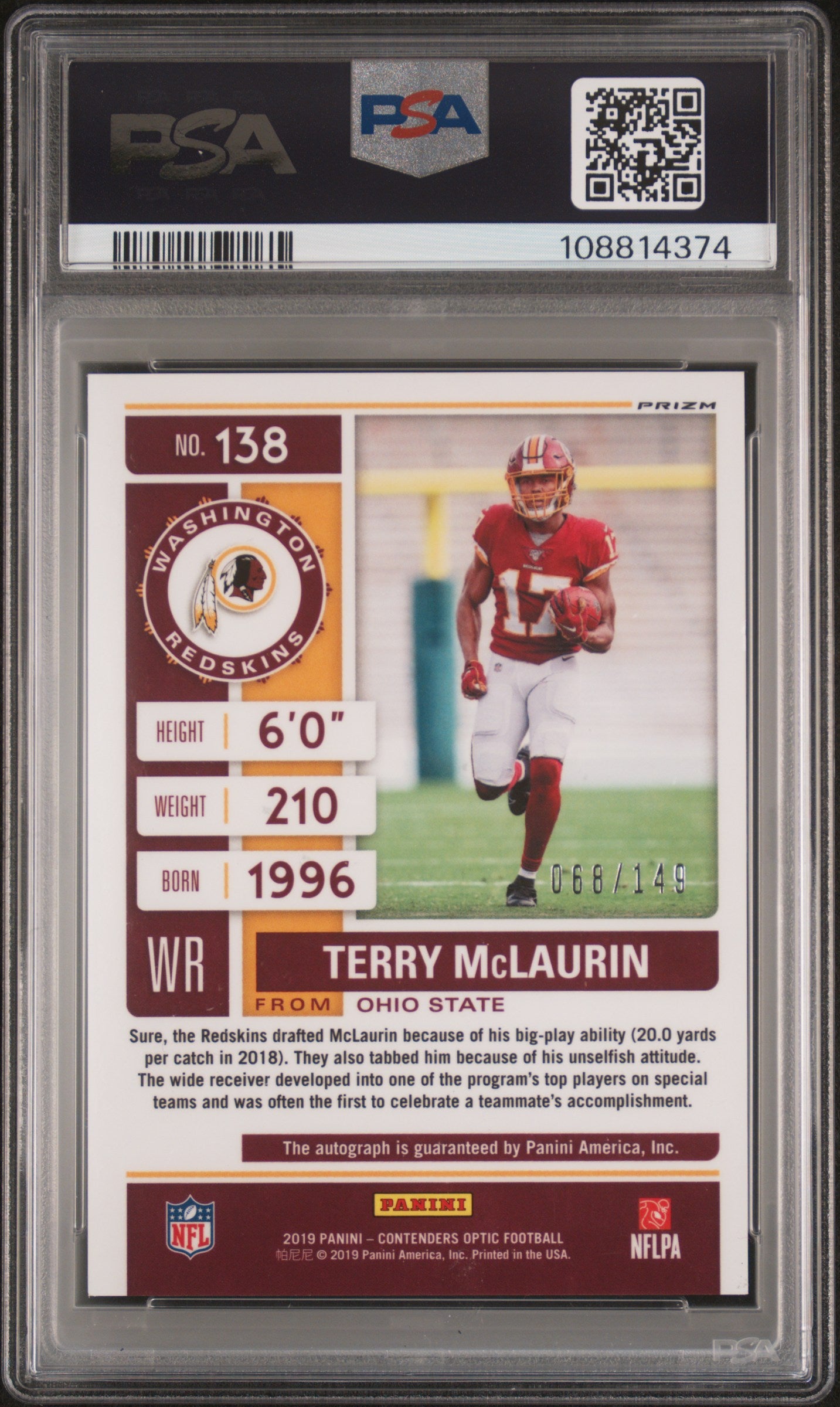 Terry McLaurin 2019 Panini Contenders Optic Teal Autograph #68/149 PSA 9 Auto 10
