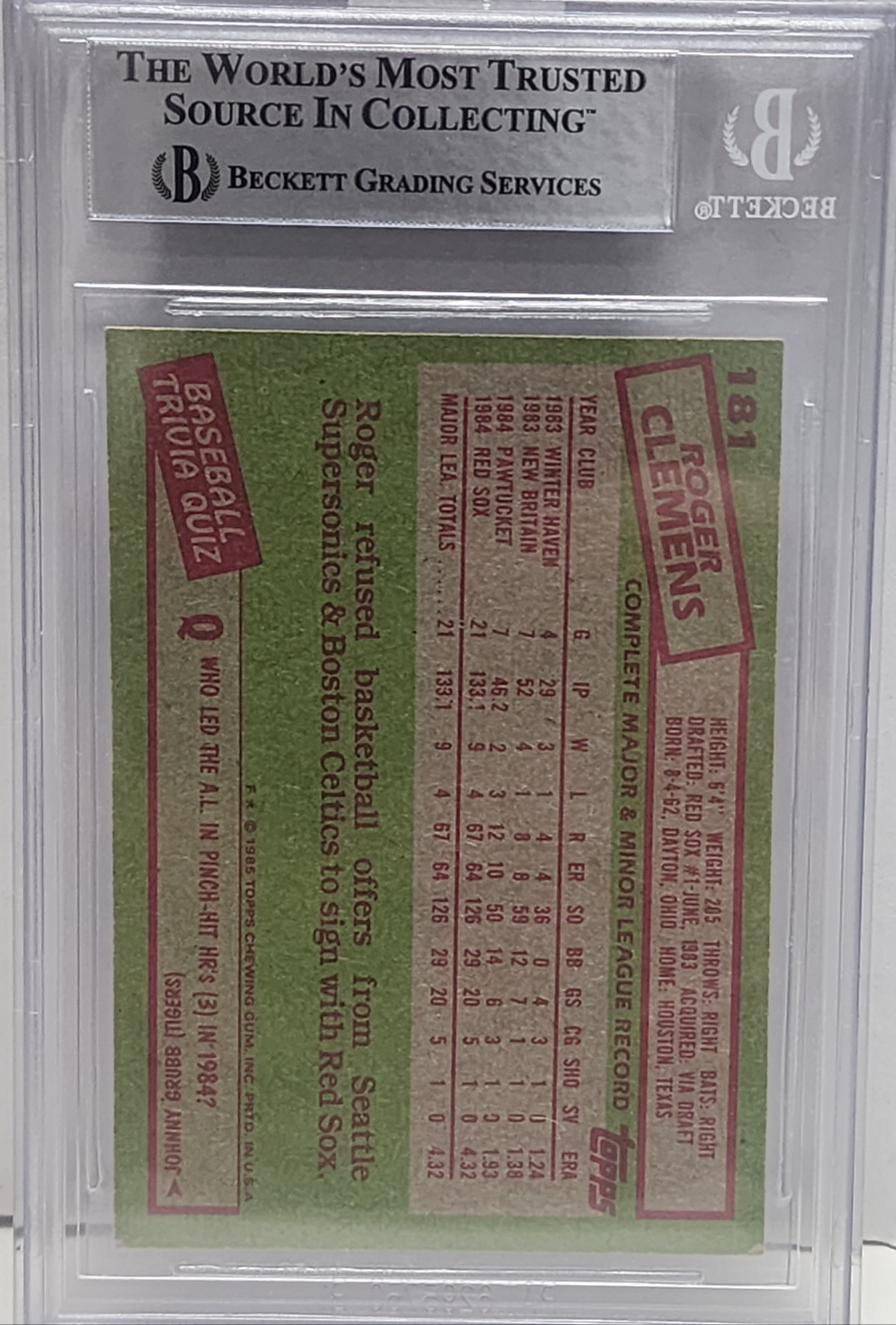 Roger Clemens 1985 Topps #181 Rookie Autograph BGS Auth