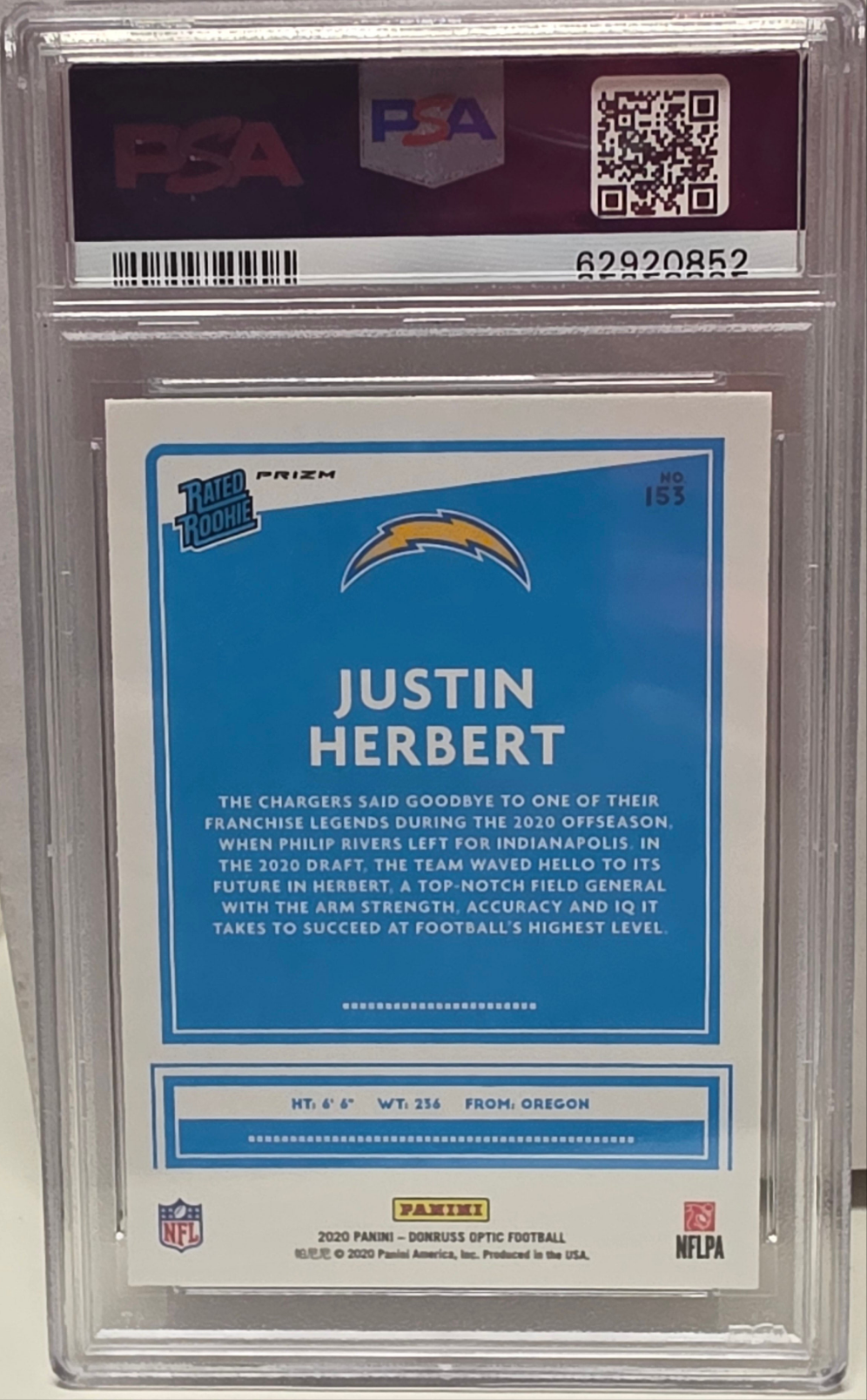 Justin Herbert 2020 Donruss Optic Holo Rookie #153 PSA 10 Gem Mint