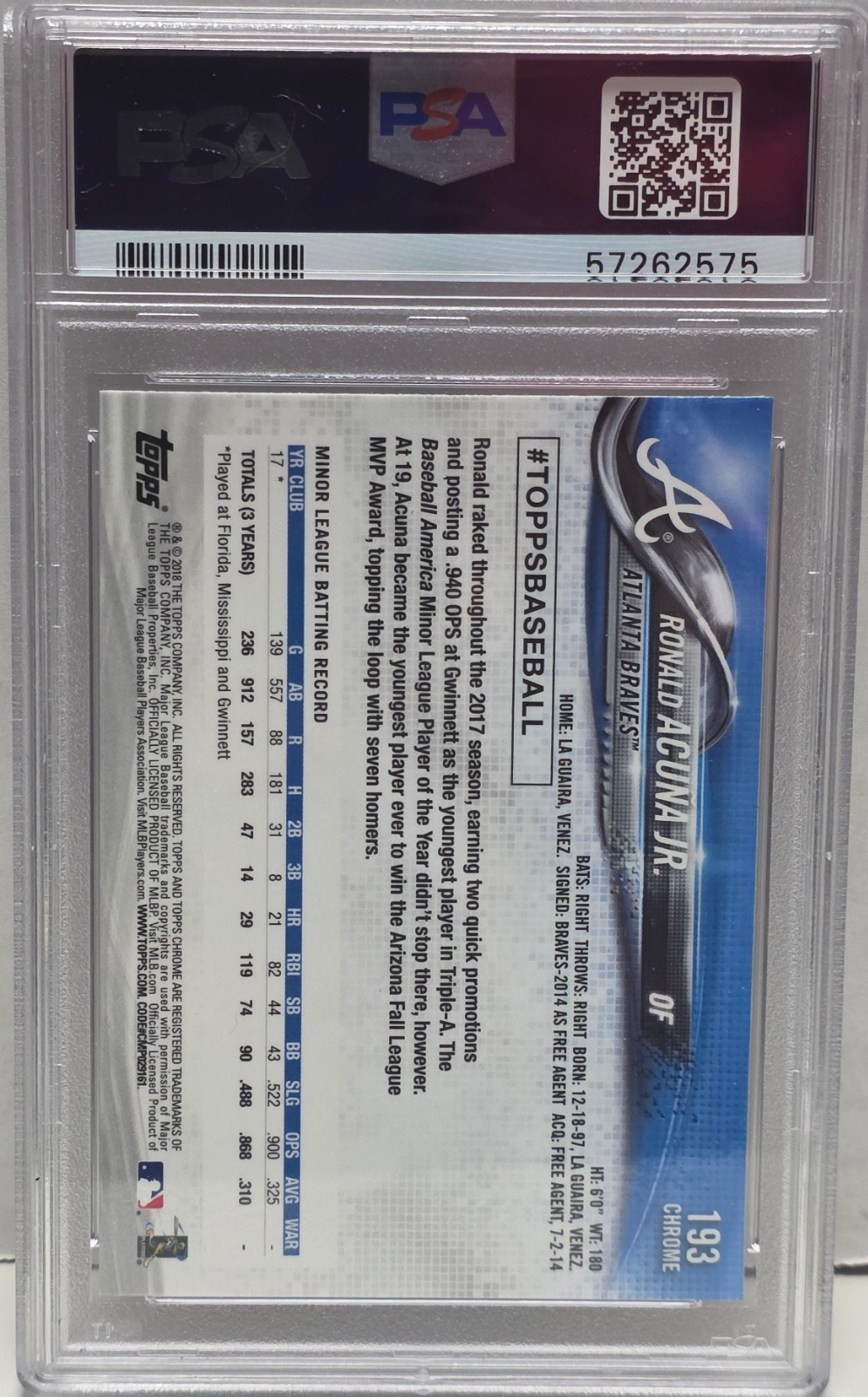 Ronald Acuna Jr. 2018 Topps Chrome Prism Refractor Rookie #193 PSA 10 Gem Mint