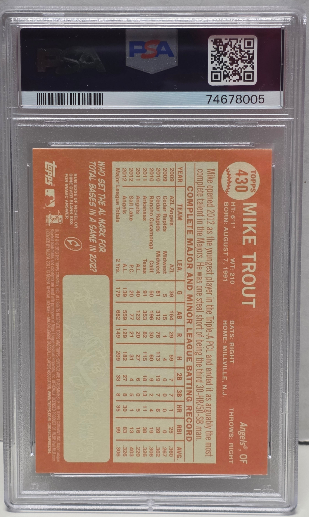 Mike Trout 2013 Topps Heritage At Bat SP #430 PSA 10 Gem Mint