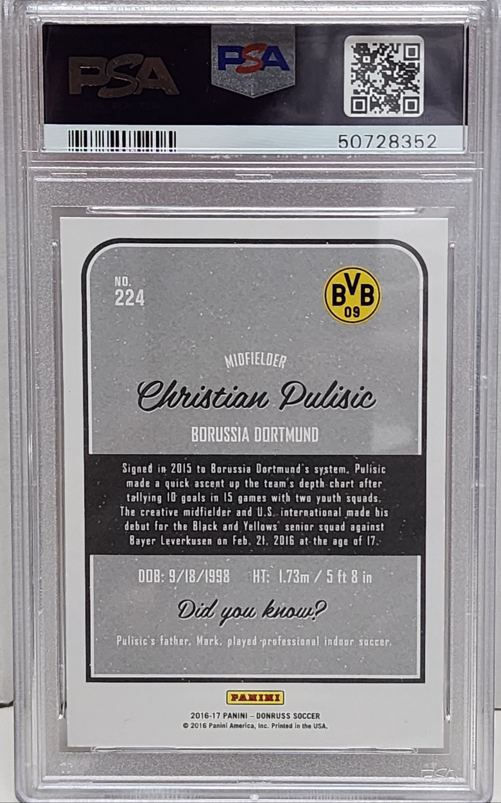 Christian Pulisic 2016 Panini Donruss #224 PSA 10 Gem Mint
