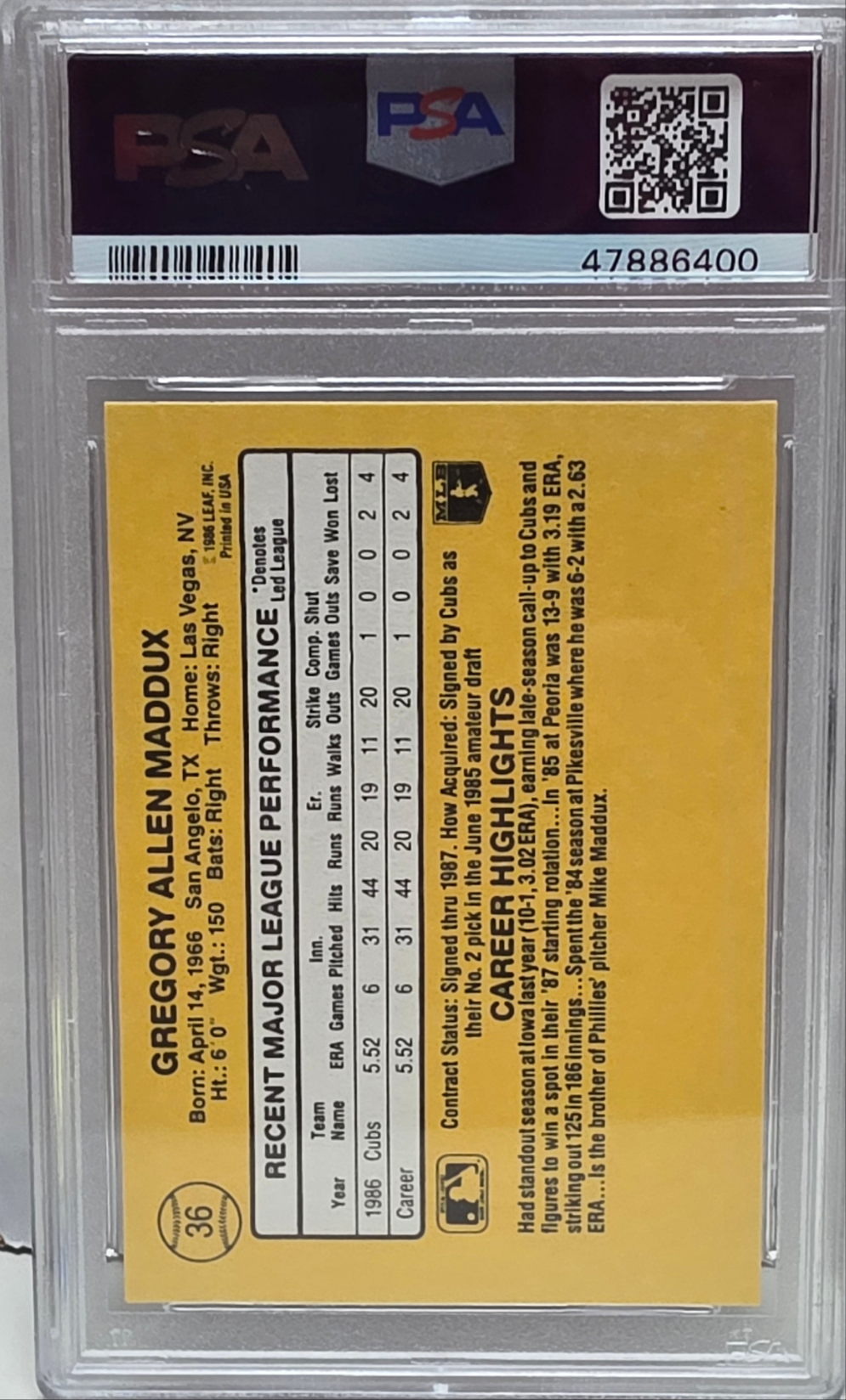 Greg Maddux 1987 Donruss Rookie #36 PSA 10 Gem Mint