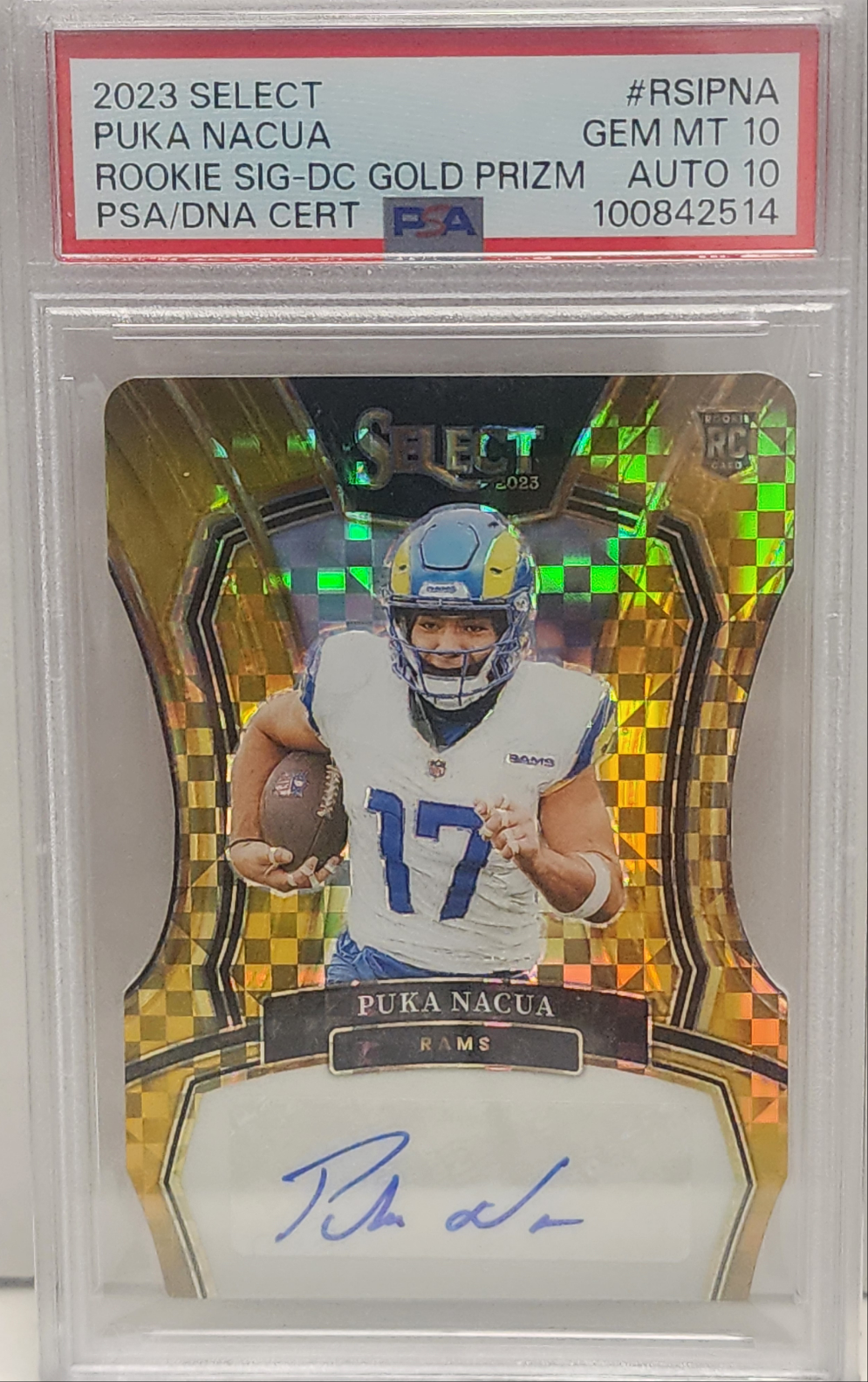 Puka Nacua 2023 Panini Select Rookie Signatures Gold Die-Cut Auto #9/10 PSA 10 Auto 10