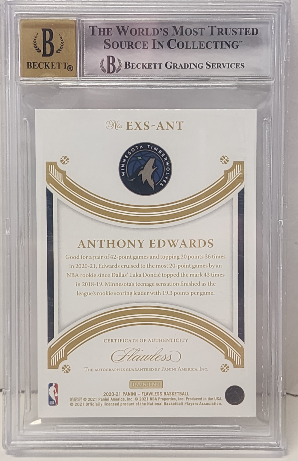 Anthony Edwards 2020 Panini Flawless Gold Excellence Auto #2/10 BGS 9 Auto 10