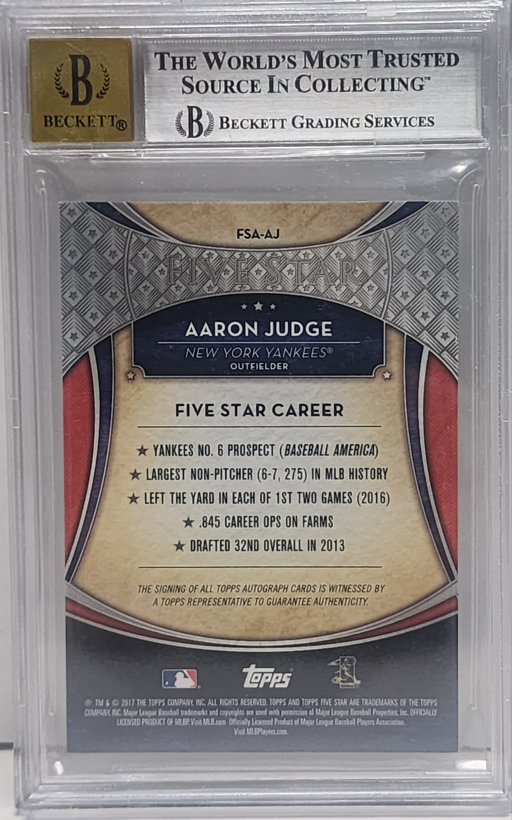 Aaron Judge 2017 Topps Five Star Rookie Autographs BGS 9 Auto 10 2934
