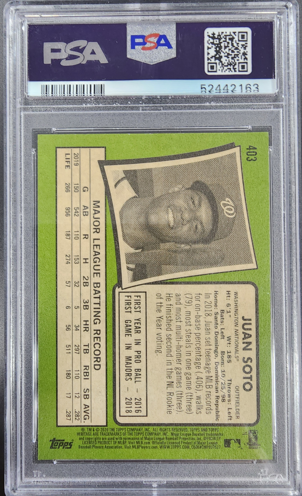 Juan Soto 2020 Topps Heritage #403 White Border PSA 10 Gem Mint