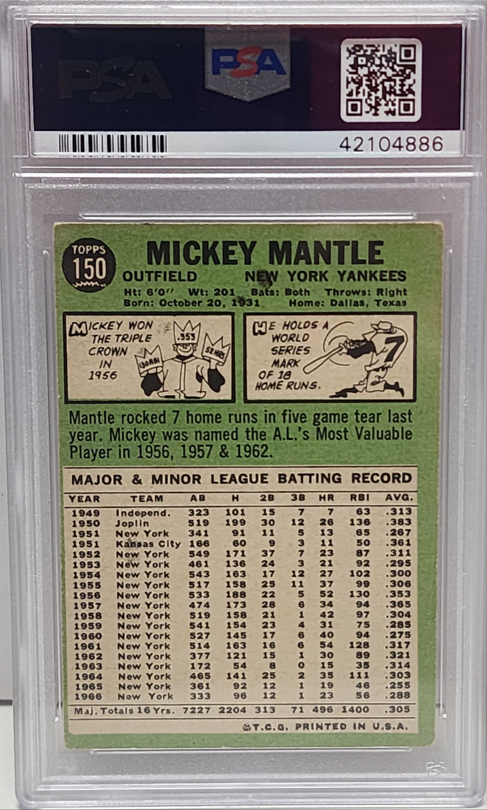 Mickey Mantle 1967 Topps #150 PSA 3 VG 4886