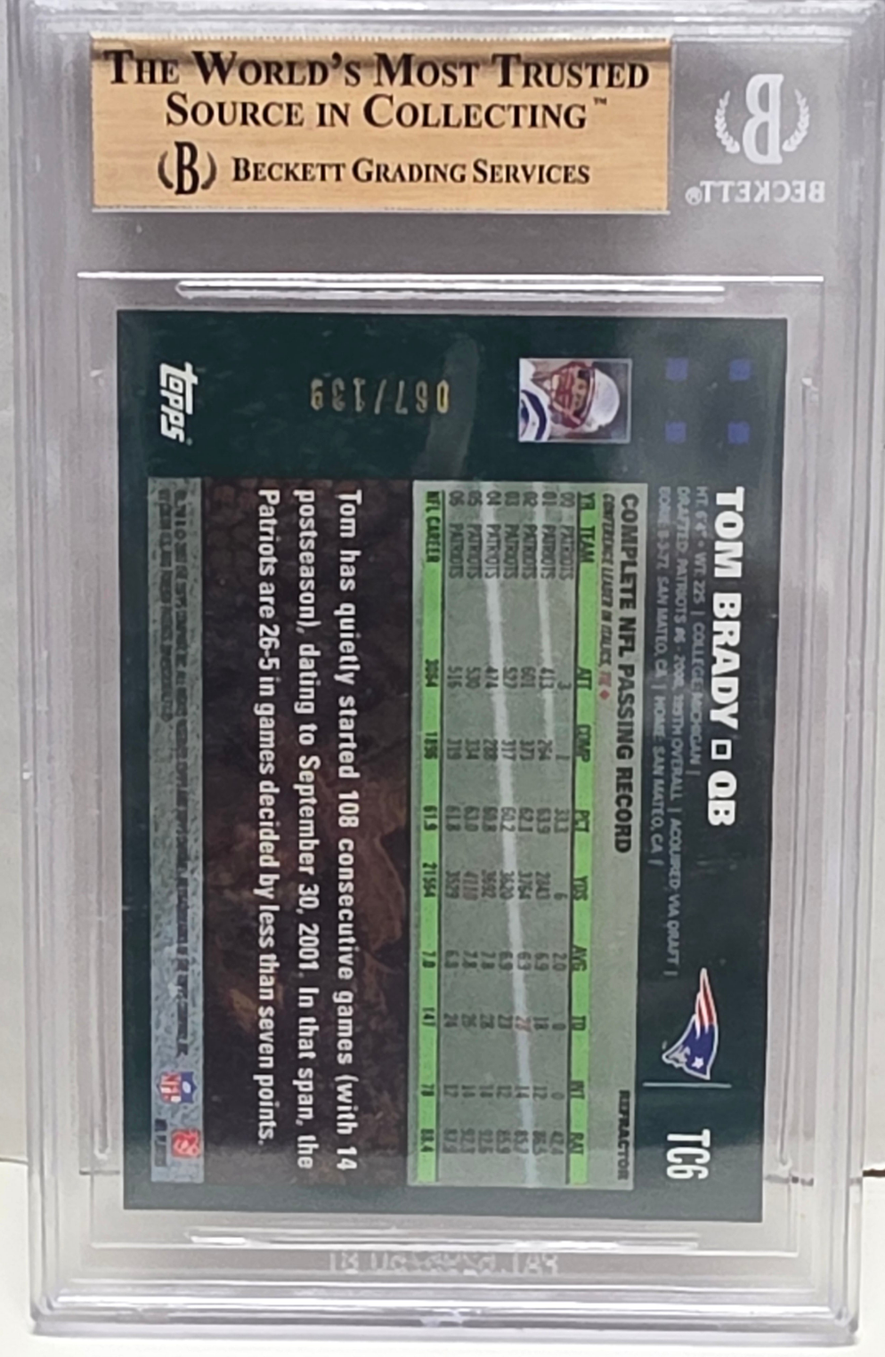 Tom Brady 2007 Topps Chrome Red Refractor #67/139 BGS 9.5 Gem Mint