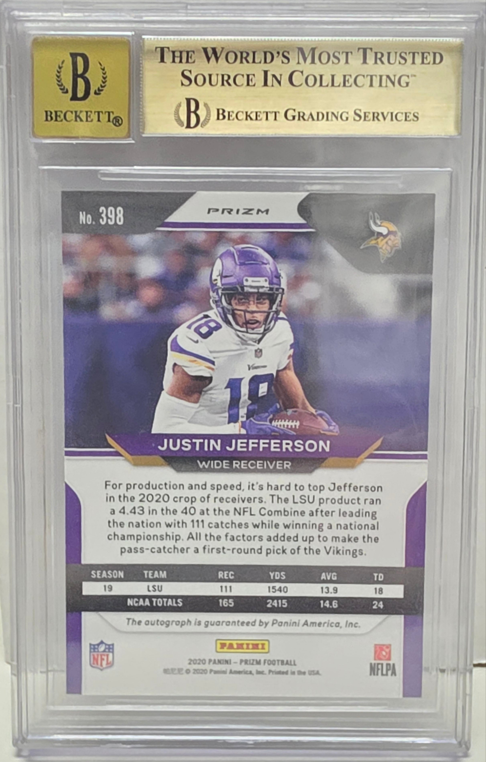 Justin Jefferson 2020 Panini Prizm Rookie Autograph #398 BGS 9.5 Gem Mint Auto 10