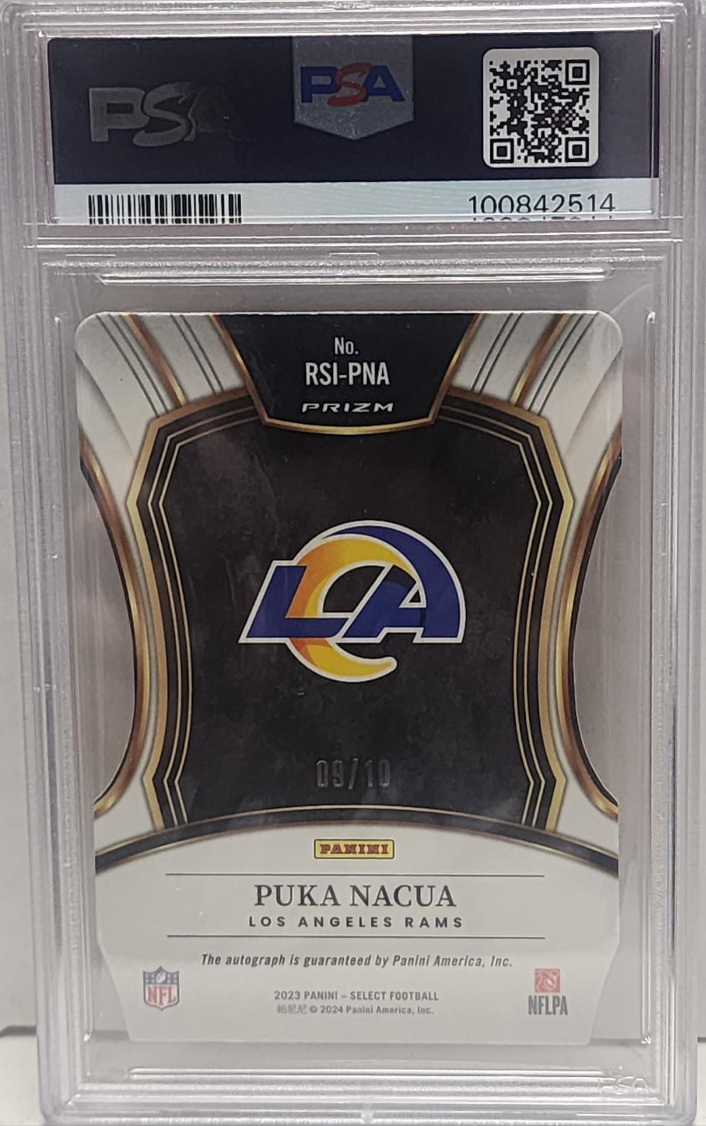 Puka Nacua 2023 Panini Select Rookie Signatures Gold Die-Cut Auto #9/10 PSA 10 Auto 10