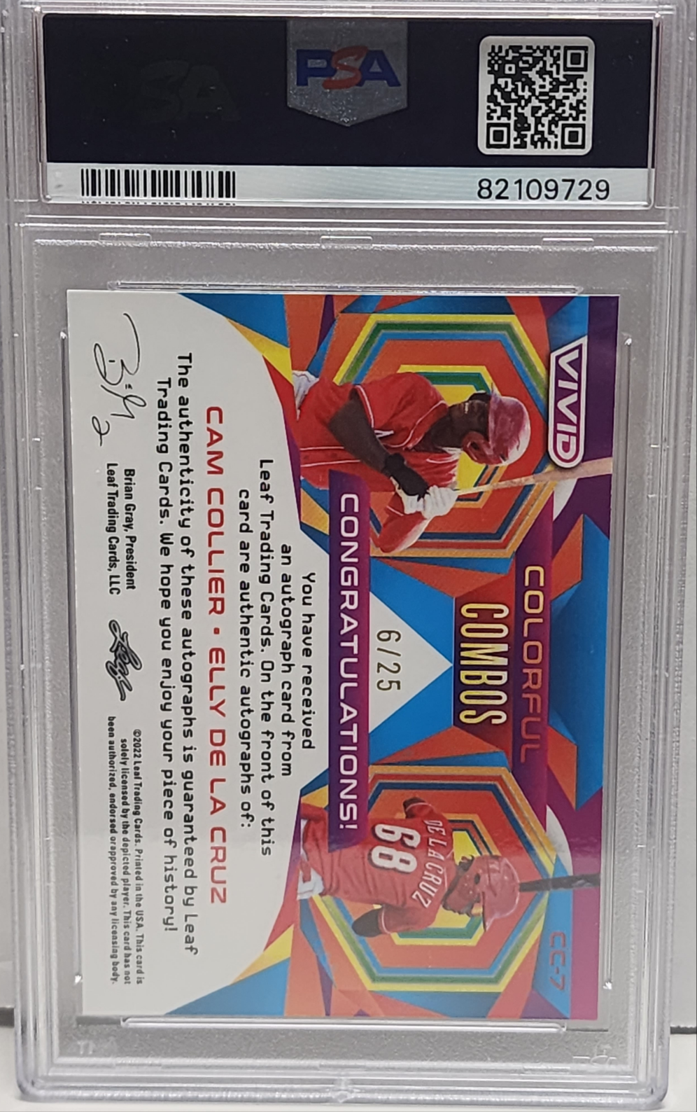 Elly de la Cruz + Cam Collier 2022 Leaf Vivid Colorful Combos Auto #6/25 PSA 8 Auto 10