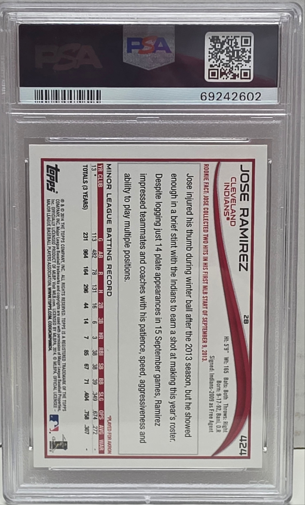 Jose Ramirez 2014 Topps Red Hot Foil Rookie #424 PSA 9 Mint