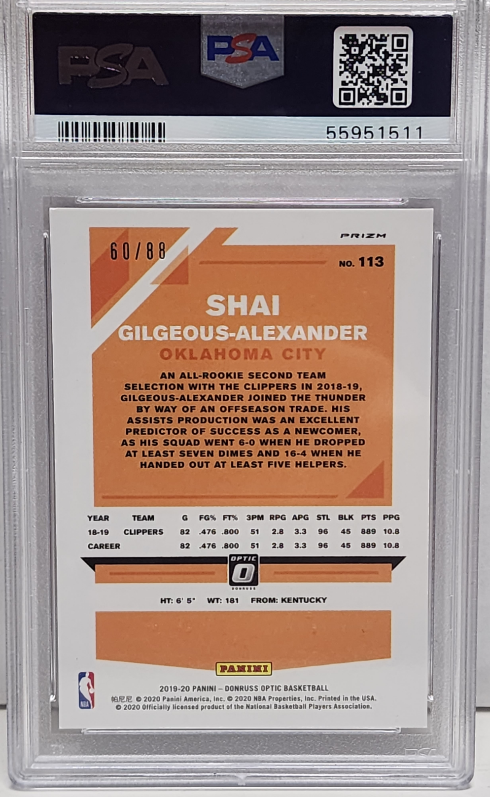 Shai Gilgeous-Alexander 2019 Donruss Optic #113 Red Choice #60/88 PSA 10 Gem Mint