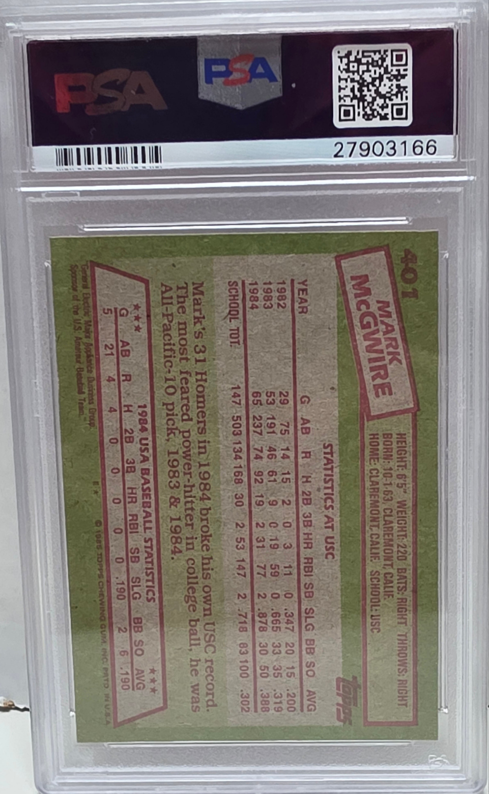 Mark McGwire 1985 Topps Rookie #401 PSA 9 Mint
