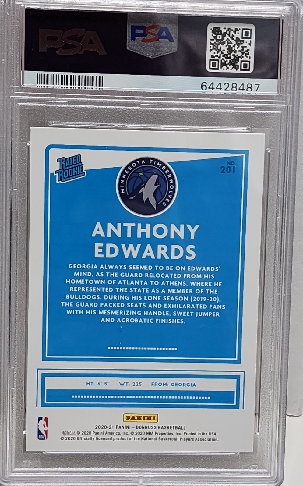 Anthony Edwards 2020 Panini Donruss Choice RC #201 PSA 10 Gem Mint
