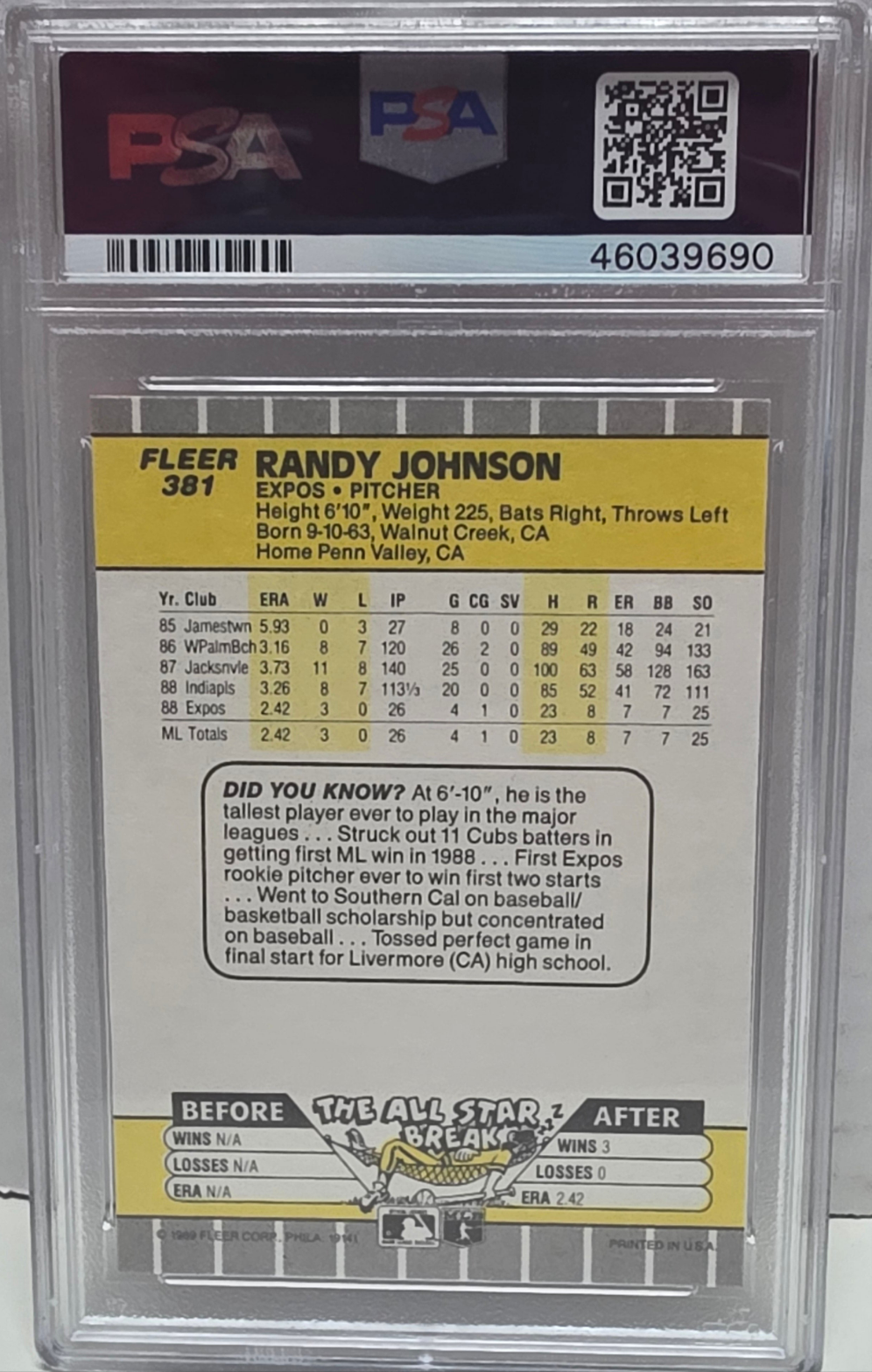 Randy Johnson 1989 Fleer Rookie Marlboro Ad #381 PSA 9 Mint