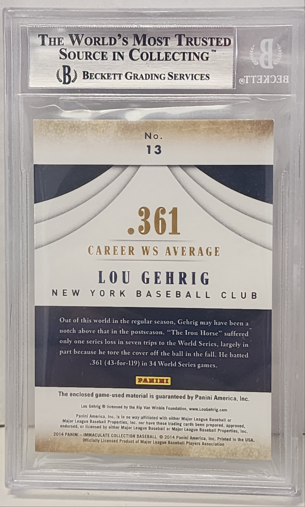 Lou Gehrig 2014 Panini Immaculate Accolades Game-Used Bat #62/99 BGS 9 Mint