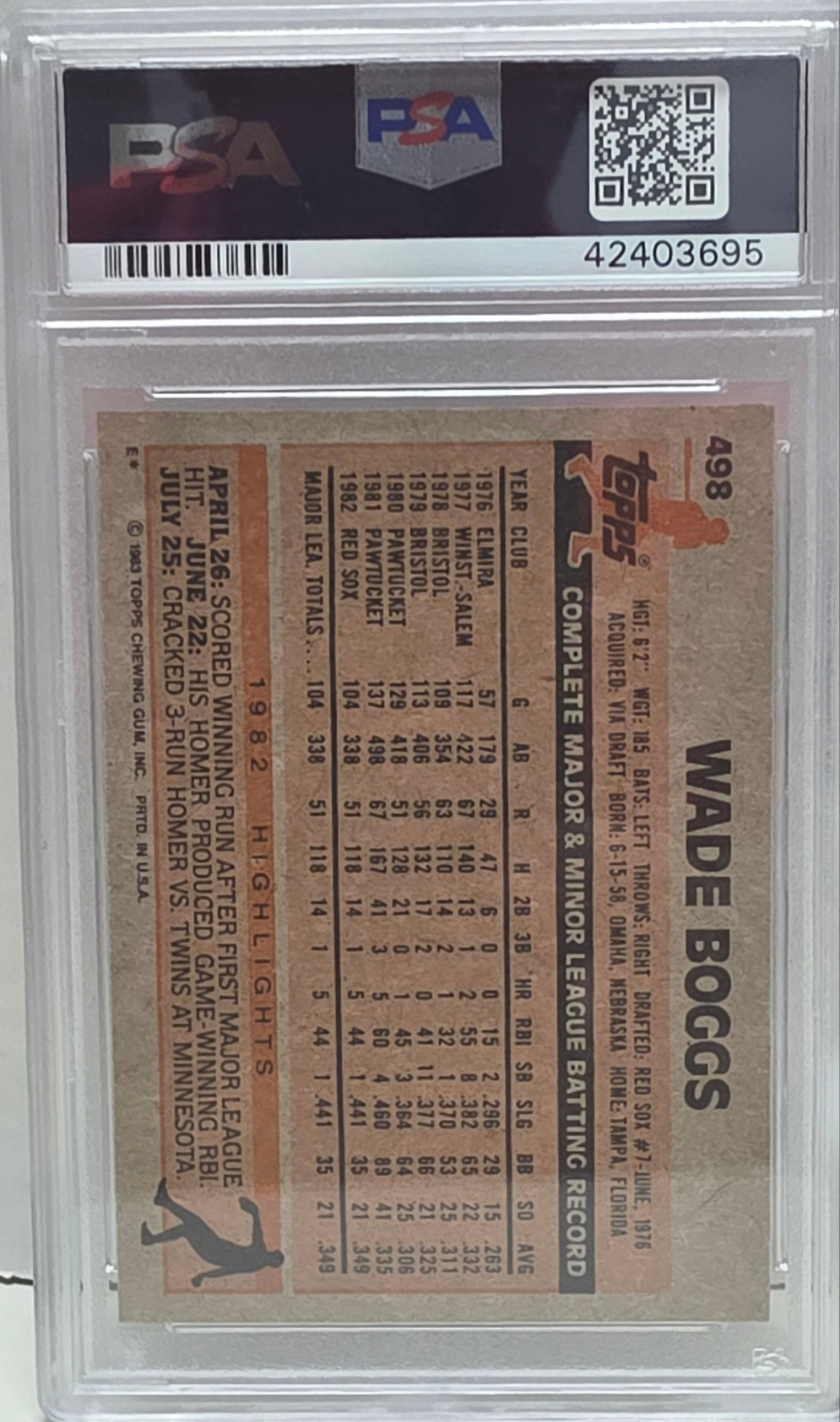 Wade Boggs 1983 Topps Rookie #498 PSA 9 Mint