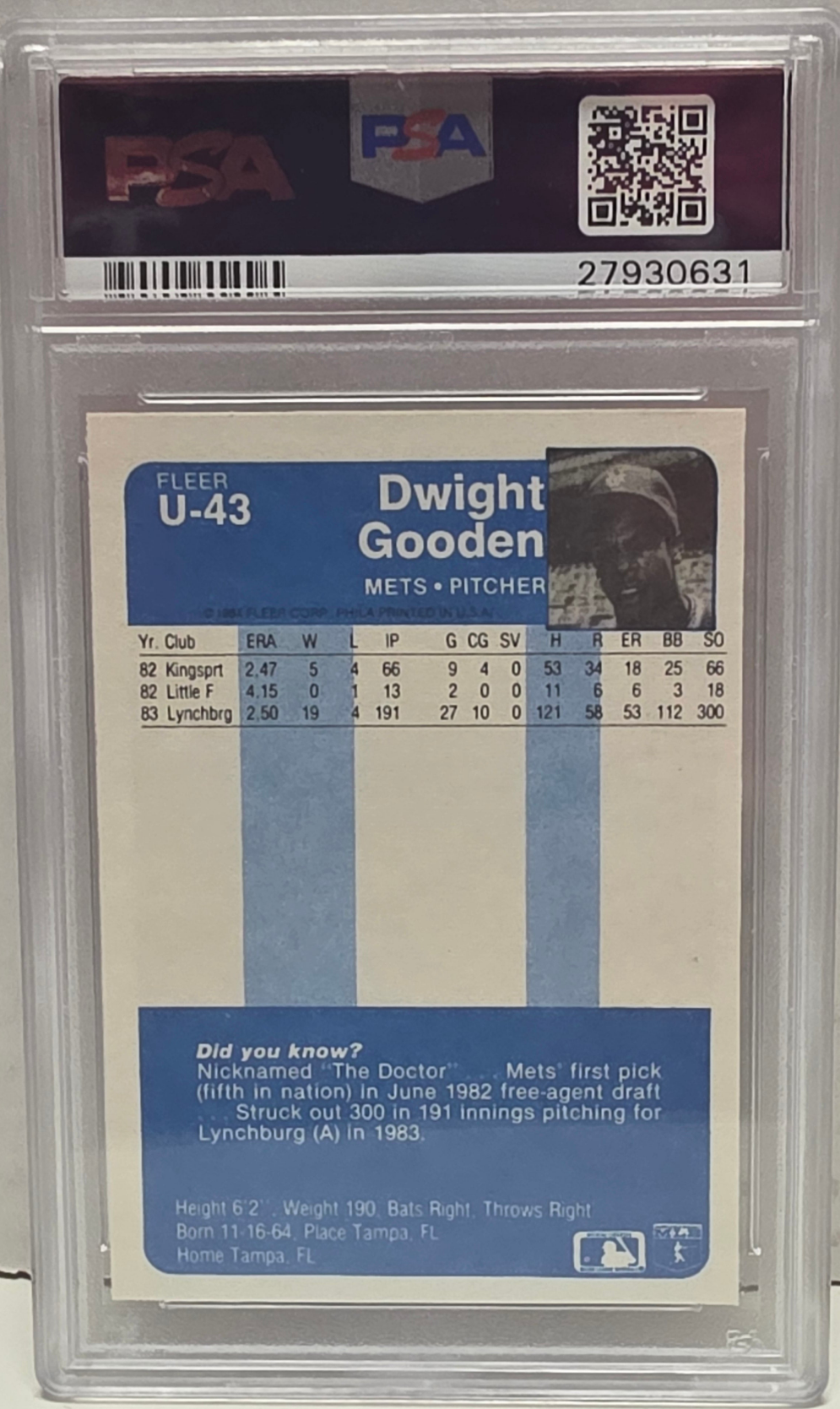 Dwight Gooden 1984 Fleer Update Rookie #U43 PSA 9 Mint