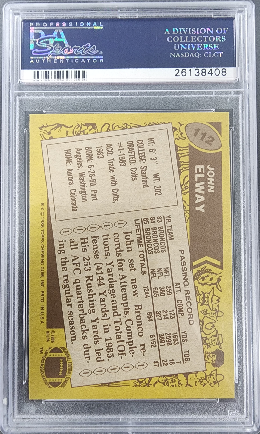 John Elway 1986 Topps #112 PSA 9 Mint
