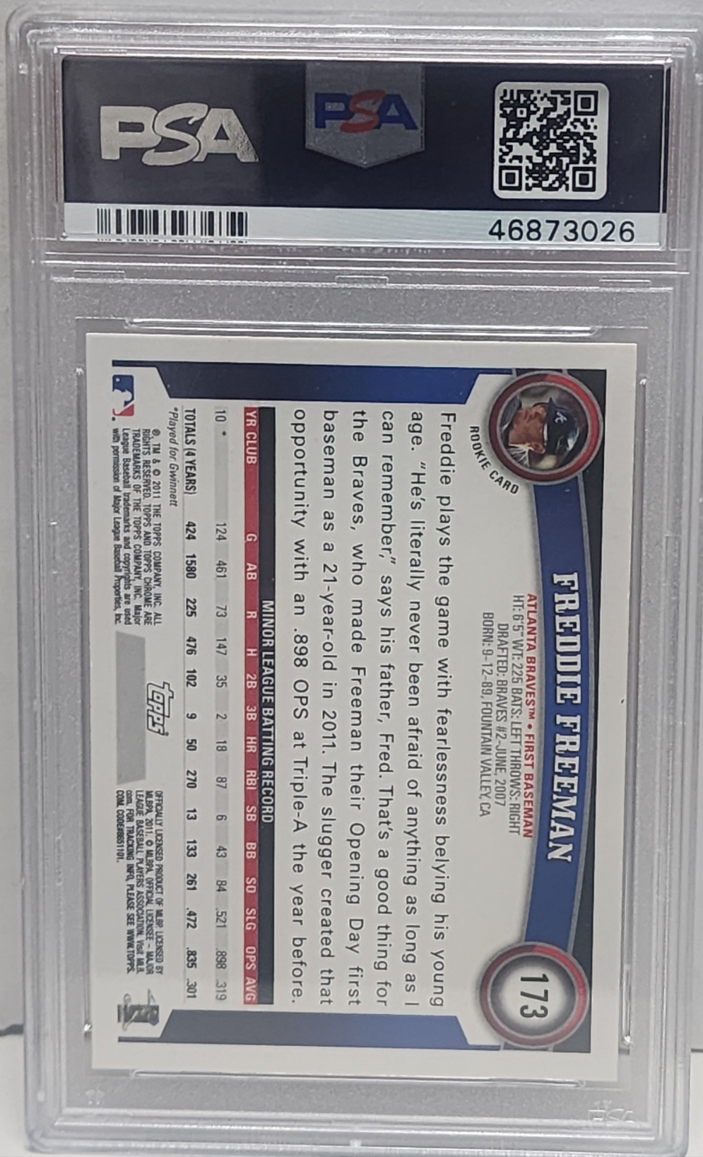 Freddie Freeman 2011 Topps Chrome RC #173 PSA 10 Gem Mint
