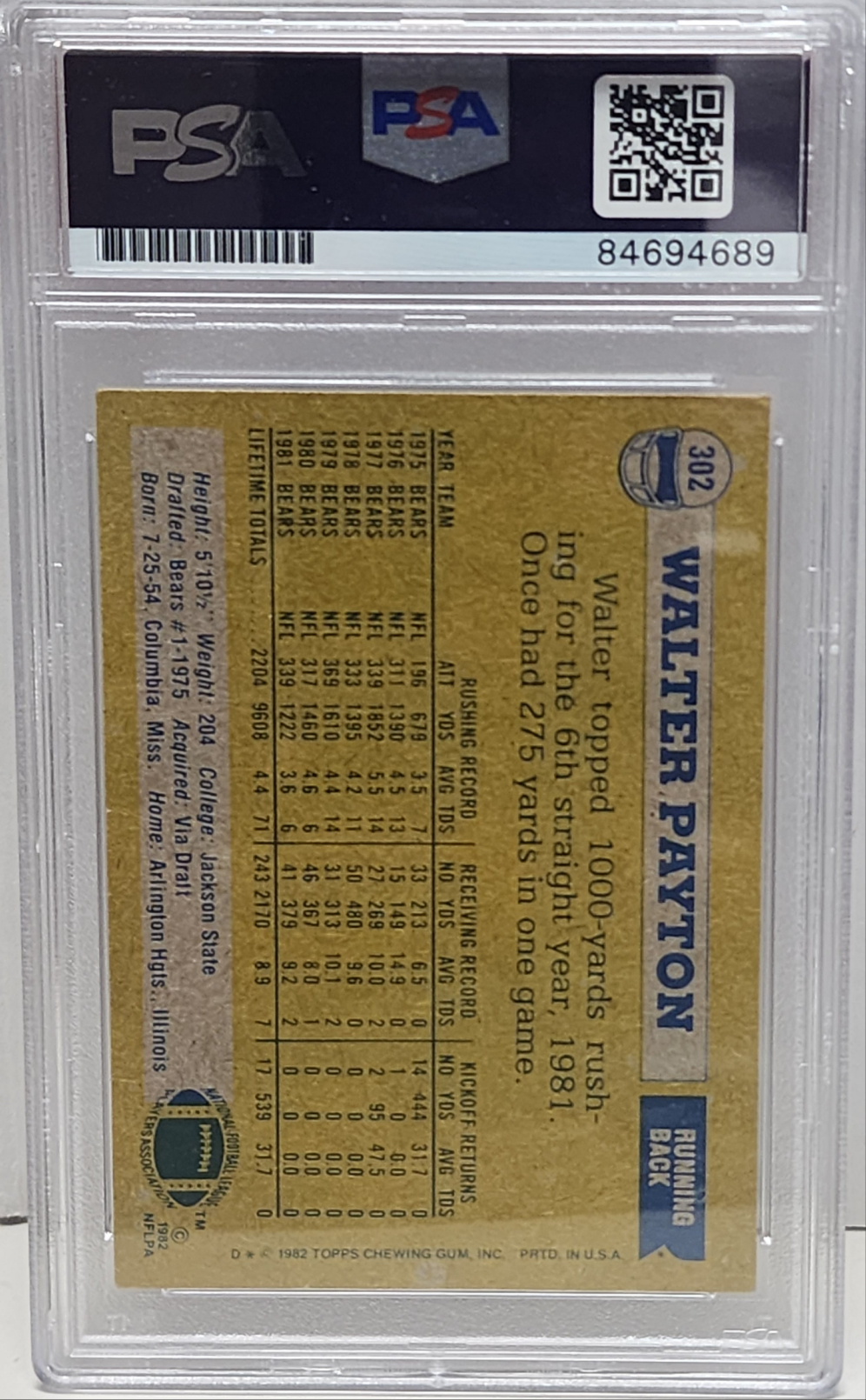 Walter Payton 1982 Topps #302 Autograph PSA Auth