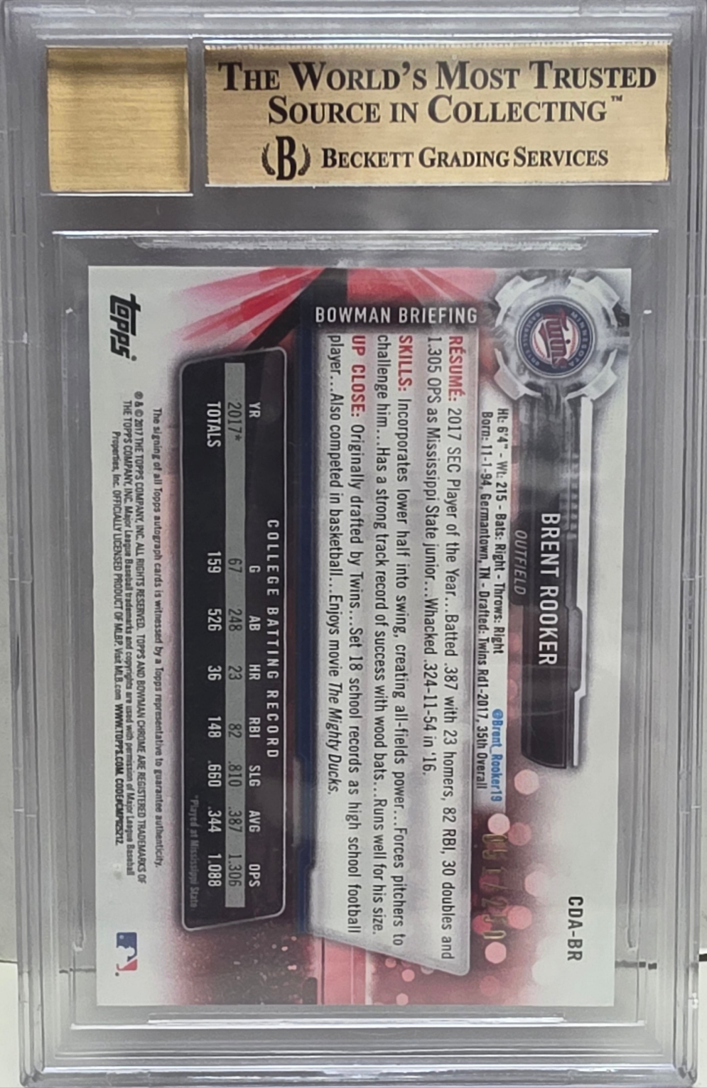 Brent Rooker 2017 Bowman Chrome Purple Refractor Auto #51/250 BGS 9.5 Auto 10