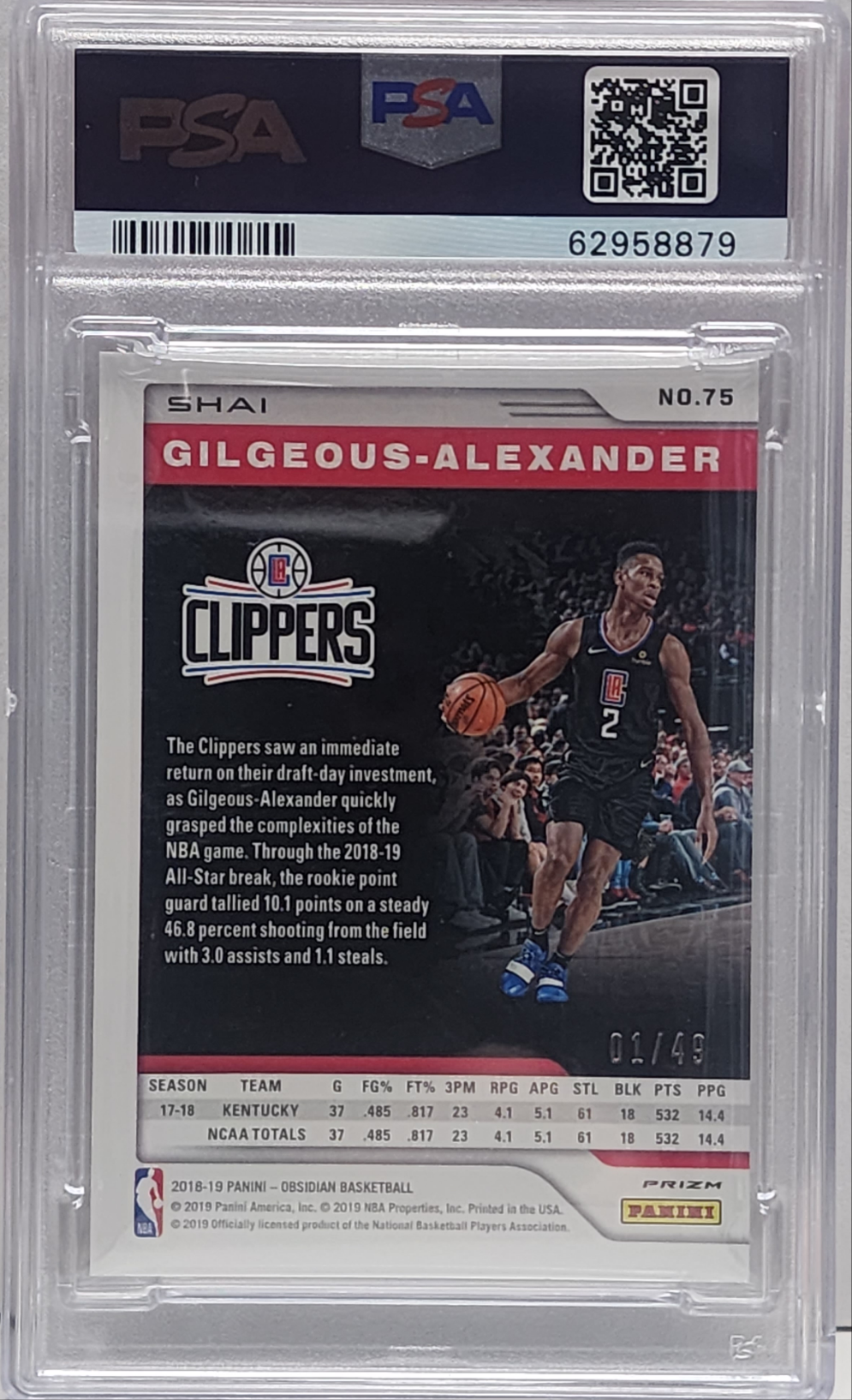 Shai Gilgeous-Alexander 2018 Panini Obsidian Purple #1/49 PSA 10 Gem Mint