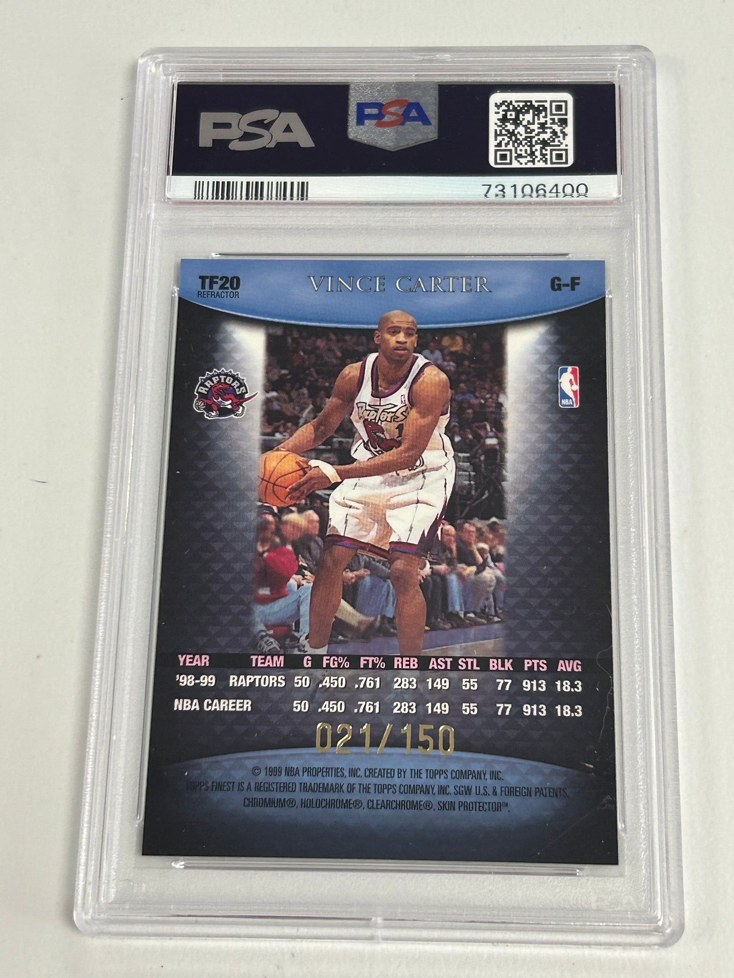 Vince Carter 1999 Finest Team Finest Blue Refractor #21/150 PSA 10 Gem Mint