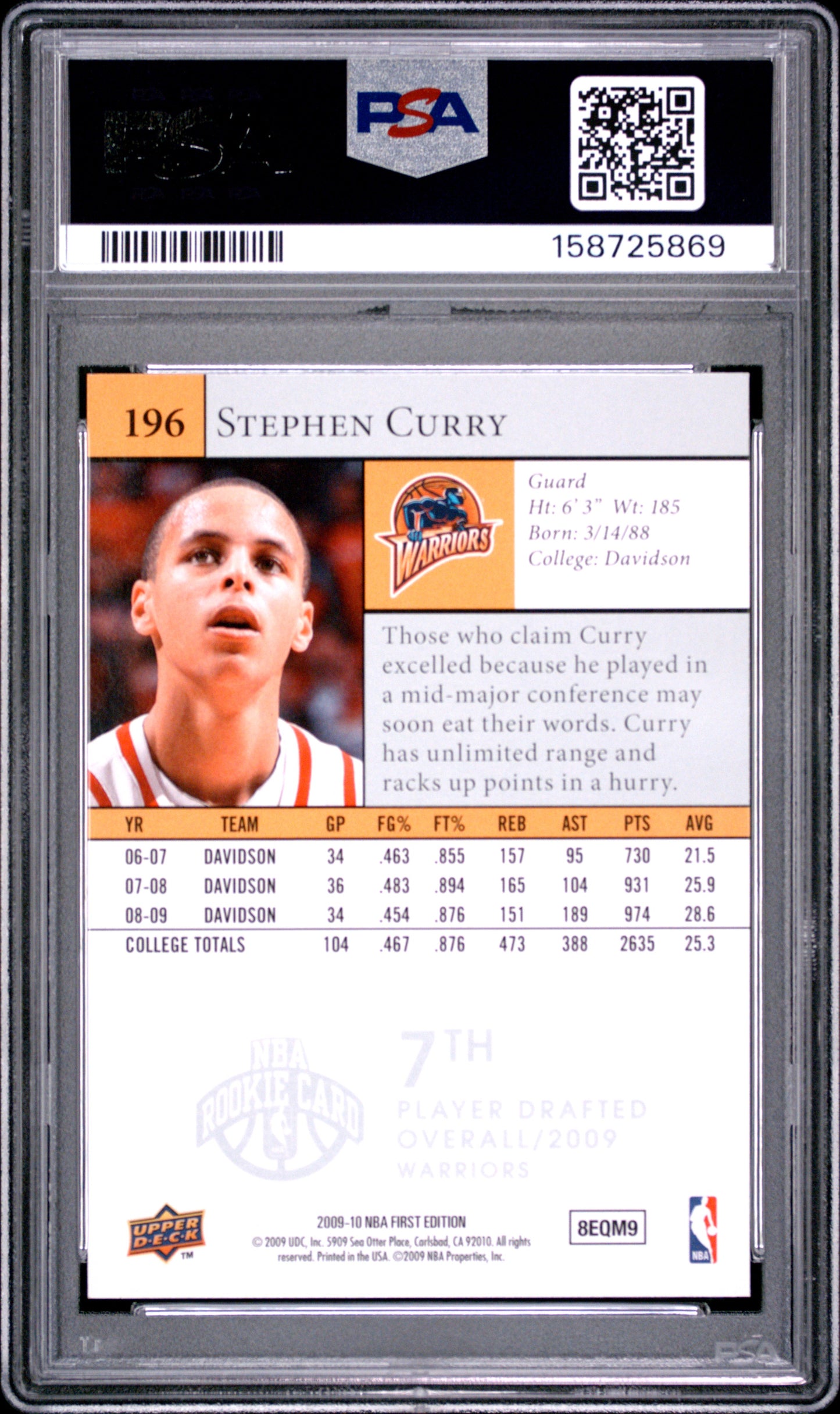 Steph Curry 2009 Upper Deck First Edition Rookie #196 PSA 8 Nm-Mint