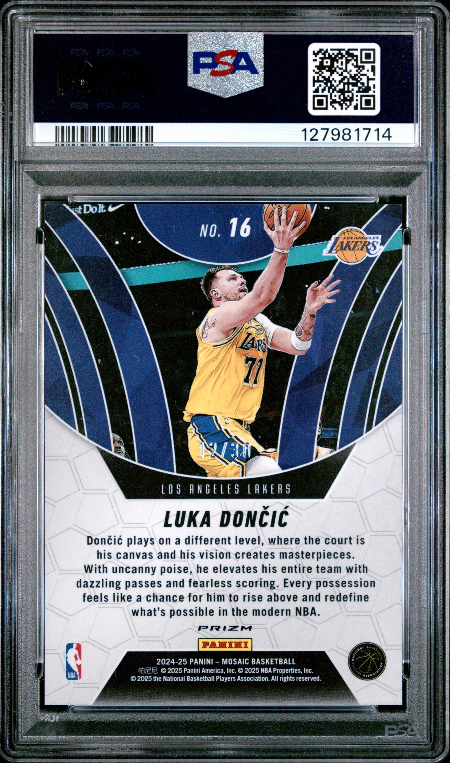 Luka Doncic 2024 Panini Mosaic Elevate Blue Fluorescent #12/30 PSA 8 Nm-Mint
