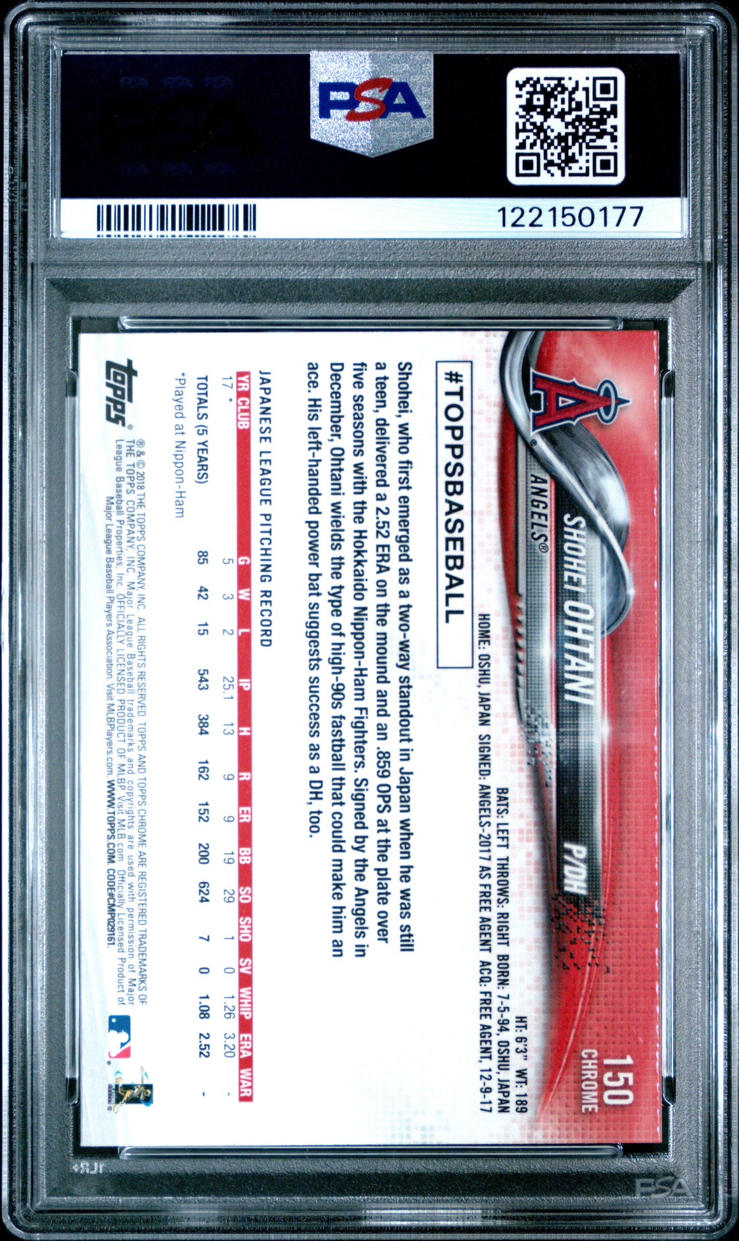 Shohei Ohtani 2018 Topps Chrome Rookie #150 PSA 10 Gem Mint 0177